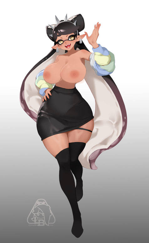 1girls, alternate costume, breasts, callie (splatoon), female, large breasts, little blood, nintendo, nipples, office lady, solo, splatoon, splatoon (series), tentacle hair