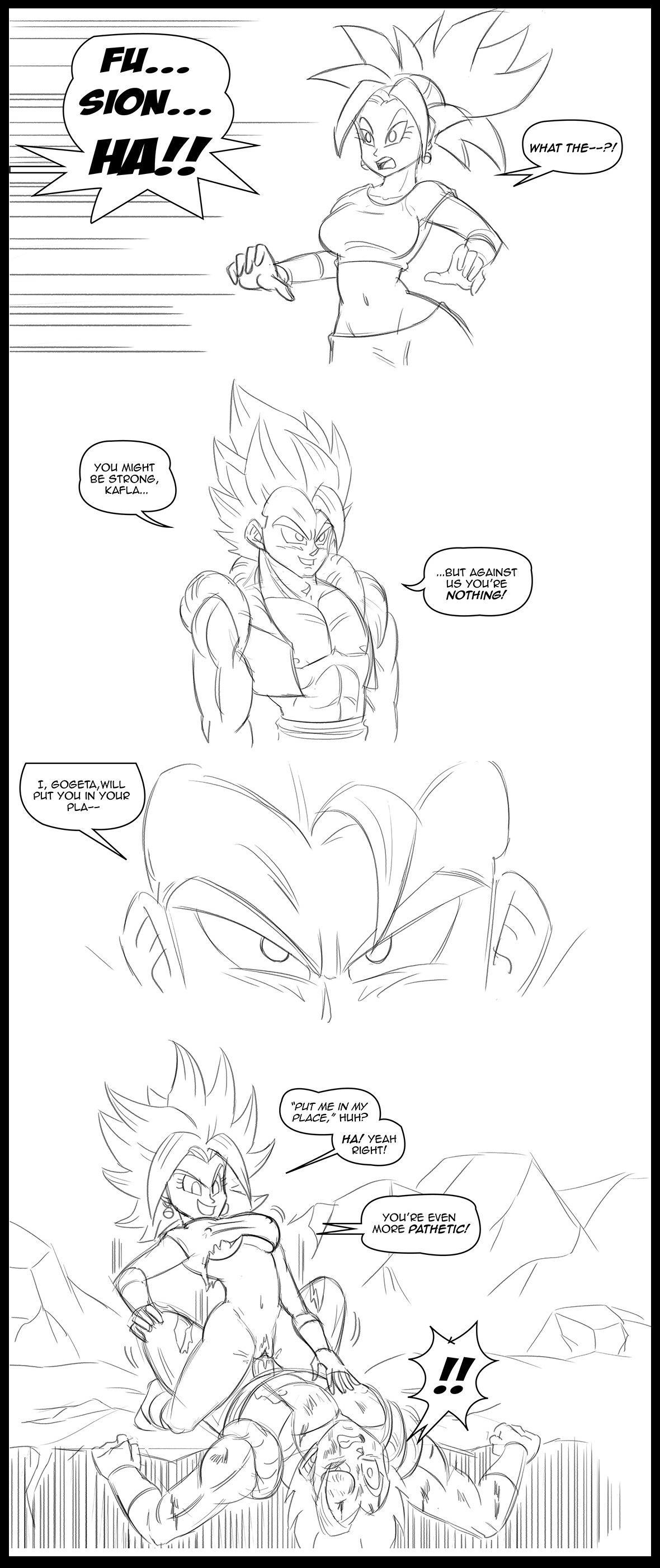 1boy, 1girls, comic, cowgirl position, defeated, dragon ball, dragon ball super, female, femdom, forced, funsexydragonball, fusion, gogeta, instant loss 2koma, kefla, legendary super saiyan, male, monochrome, penetration, penis, pussy, rape, saiyan, sex, son goku, speech bubble, straight, super saiyan, super saiyan 2, text, torn clothes, vaginal penetration, vegeta