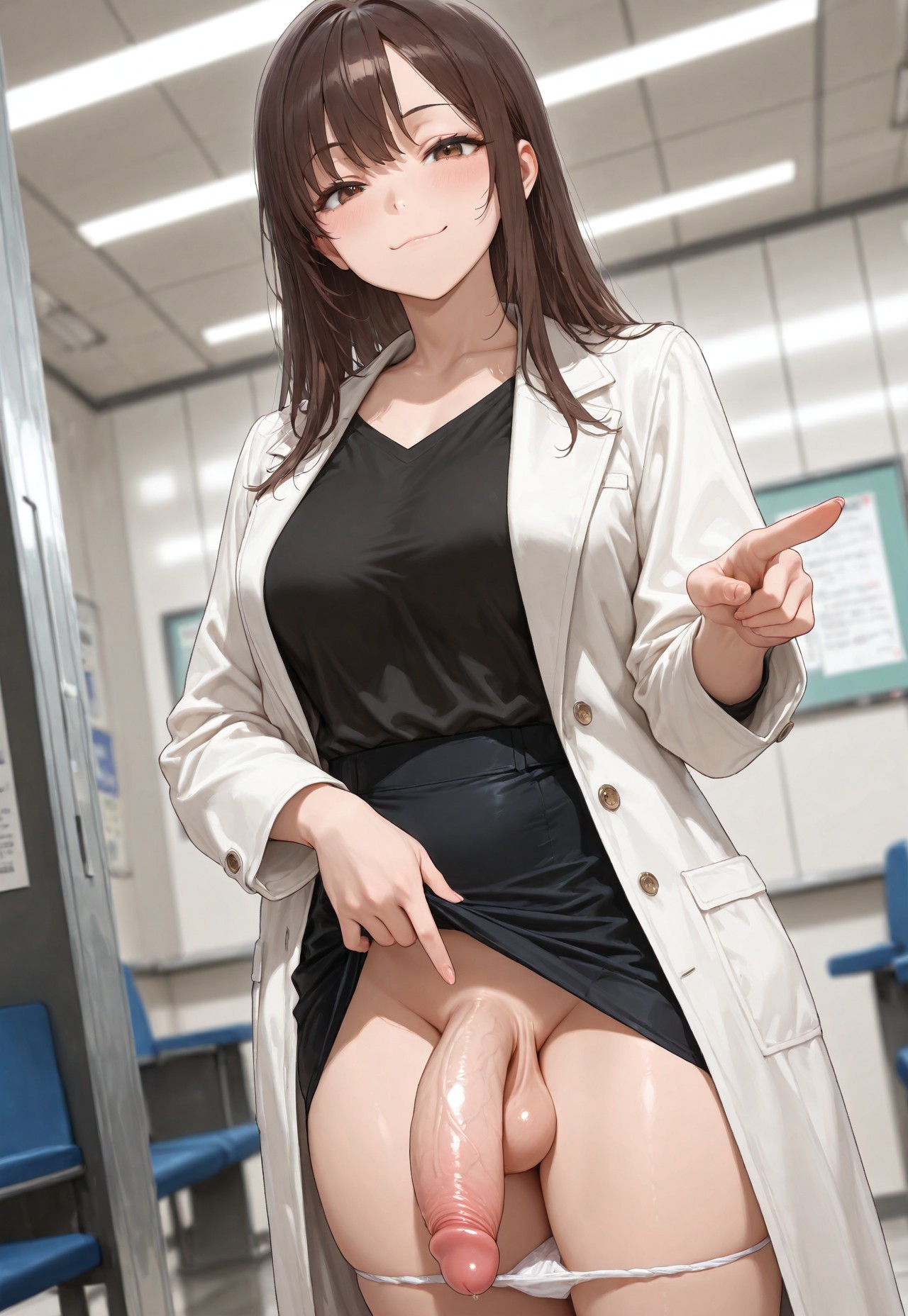 1futa, ai generated, balls, big penis, breasts, brown eyes, brown hair, demanding, dutch angle, flaccid, futa only, futanari, intersex, jamesbron, large penis, long hair, looking at viewer, medium breasts, panties, panties down, panty pull, penis, pointing at penis, pointing at viewer, requesting, skirt lift, smug, solo, solo futa, thighs