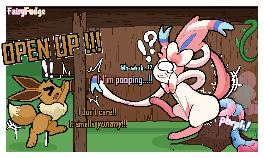 5:3 ambiguous_gender bathroom blue_feces candy_scat colored_feces covering covering_crotch dialogue digital_media_(artwork) door door_handle doorknob duo eevee eeveelution emanata embarrassed exclamation_point fairyfudge feces feral food_scat generation_1_pokemon generation_6_pokemon knocking_on_door nintendo pink_feces pokemon pokemon_(species) pooping_in_toilet quadruped question_mark ribbons_(anatomy) scat signature sound_effects sylveon tears_of_desperation toilet_use tree_stump tremble_spikes unusual_feces vowelless vowelless_sound_effect wide_eyed