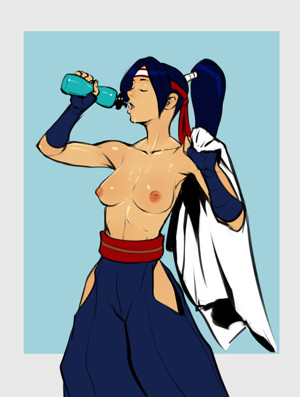 1girls, 2017, areolae, art of fighting, blue hair, bodily fluids, bottle, breasts, clavicle, clothing, commission, cowboy shot, drinking, eyes closed, female, female only, fingerless gloves, gloves, hakama, hakama skirt, headband, headwear, hip vent, izra, jacket, jacket removed, kasumi todoh, king of fighters, long hair, medium breasts, nipples, open mouth, ponytail, pouring, shiny, shiny skin, simple background, skirt, snk, solo, standing, sweat, tied hair, toned, topless, traditional clothes, wafuku, water bottle