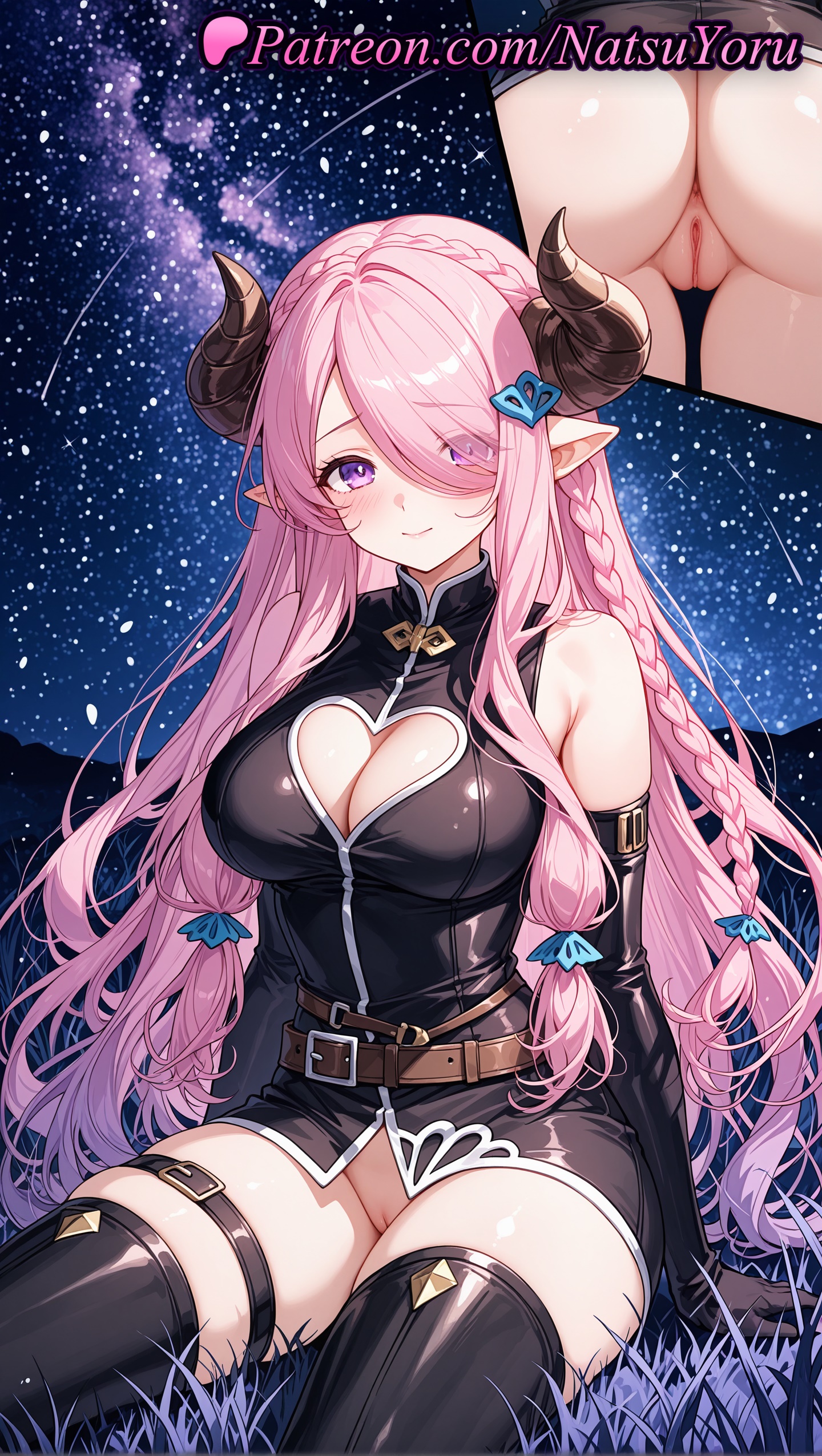 1girls, 2025, ai generated, ass, bare shoulders, belt, black gloves, blush, bottomless, braid, breasts, cleavage, cleavage cutout, clothing cutout, draph, elbow gloves, female, gloves, granblue fantasy, hair ornament, hair over one eye, hi res, highres, horns, large breasts, long hair, looking at viewer, multiple views, narmaya (granblue fantasy), natsuyoru, night, oshiri, patreon, pink hair, pointed ears, pointy ears, purple eyes, pussy, single braid, sitting, sky, smile, solo, star (sky), starry sky, thigh strap, thighhighs, vagina, very long hair, voluptuous, voluptuous female