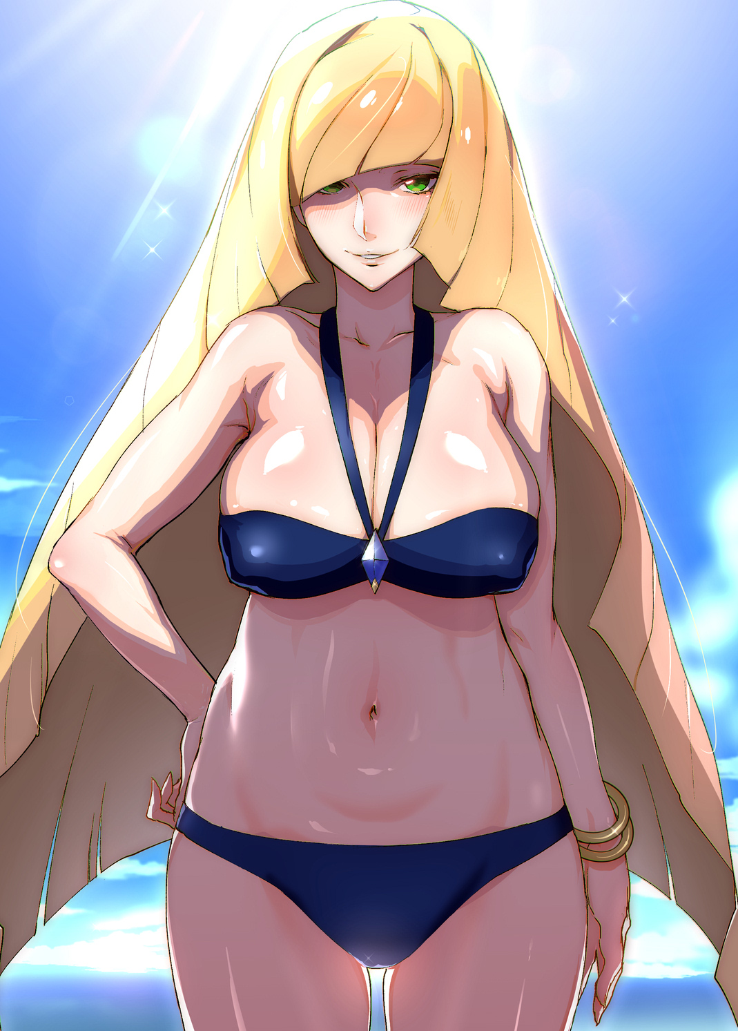 1girls, aether foundation, bikini, blonde hair, breasts, cleavage, female, female only, green eyes, human, human only, iku (ikuchan kaoru), long hair, looking at viewer, lusamine (pokemon), nintendo, pokemon, pokemon sm, solo