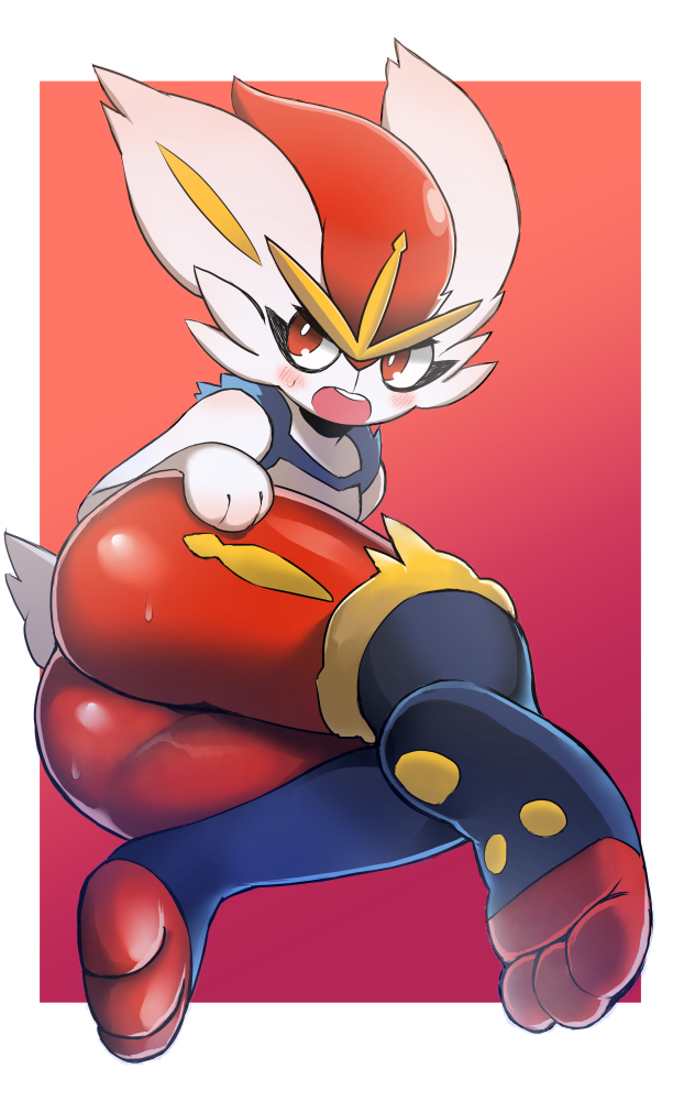 3_fingers ambiguous_gender ass big_butt black_body black_fur blush bodily_fluids buckteeth butt_focus cinderace feet feral fingers full-length_portrait fur generation_8_pokemon hindpaw lying multicolored_body multicolored_fur nintendo on_side open_mouth paws pokemon pokemon_(species) portrait rabbit_ears red_body red_eyes red_fur scut_tail short_tail simple_background solo sweat tail teeth unknown_artist white_body white_fur yellow_body yellow_fur