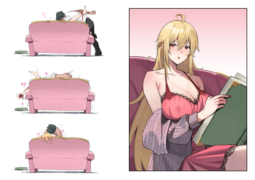 1boy, 1girls, absurdres, ahoge, angelica rapha redgrave, bairimeng, blonde hair, breasts, canon couple, commission, convenient censoring, female, heart, highres, huge breasts, implied sex, leon fou bartfort, long hair, male, multiple views, nightgown, otome game sekai wa mob ni kibishii sekai desu, pixiv commission, reading, red eyes