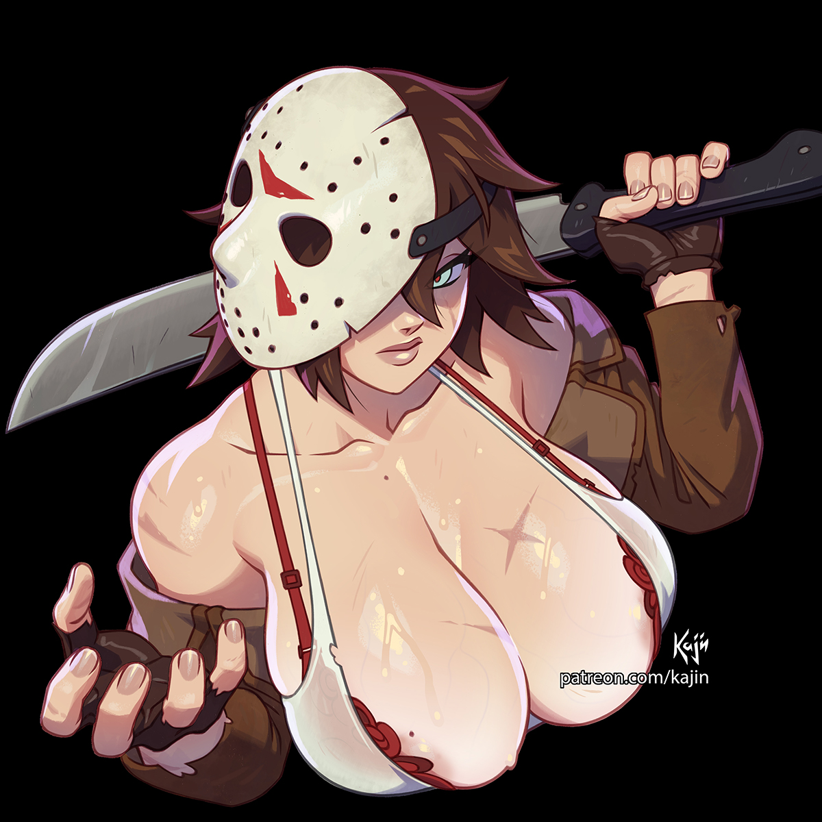 1girls, big breasts, bishoujo jason voorhees, bishoujo terror, friday the 13th, hockey mask, huge breasts, jason voorhees, kajinman, large breasts, looking at viewer, machete, rule 63