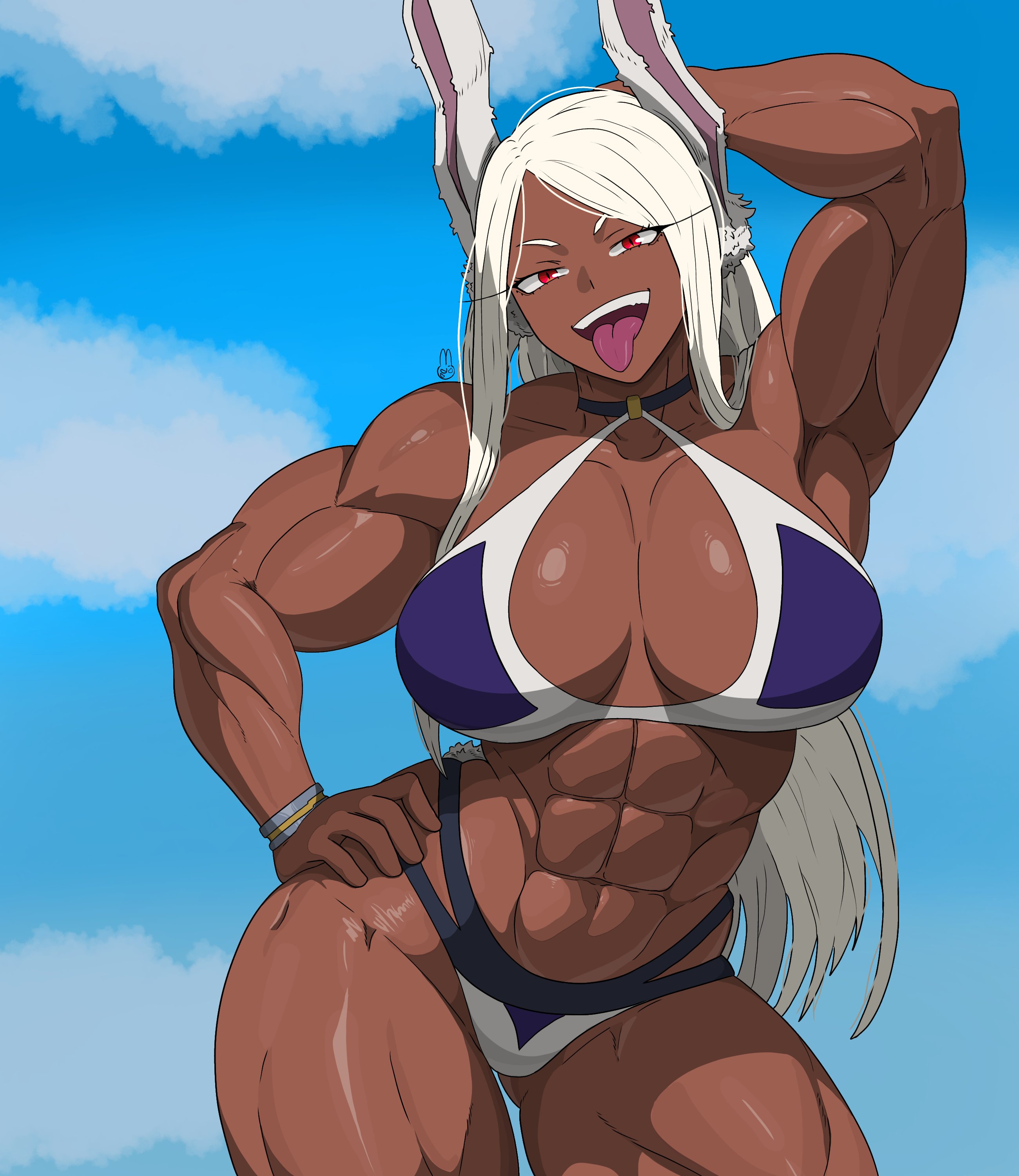 1girls, abs, absurd res, athletic, athletic female, biceps, big boobs, big breasts, big thighs, breasts bigger than head, curvy, curvy body, curvy female, curvy figure, female, female only, hamhamster25, hand on hip, hands behind head, highres, huge boobs, huge breasts, huge thighs, long hair, looking at viewer, mirko, miruko, muscular, muscular arms, muscular female, muscular legs, muscular thighs, my hero academia, red eyes, rumi usagiyama, seductive, seductive eyes, seductive look, seductive smile, sky, solo, solo female, solo focus, tan body, tan skin, tanned, tanned body, tanned female, tanned skin, thick thighs, tongue out, voluptuous, voluptuous body, voluptuous female, white hair