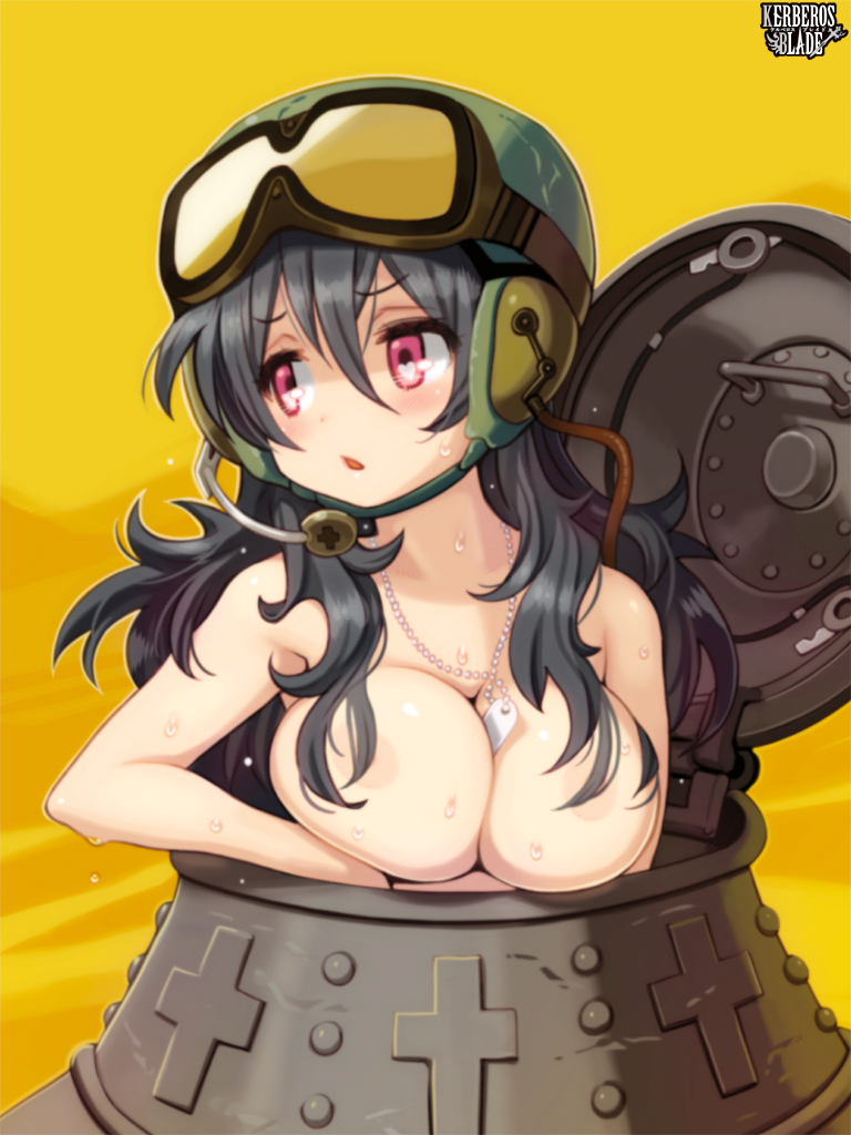 :o areolae big_head black_hair breast_press breast_squish breasts chestnut_mouth cleavage dark_hair dog_tags facing_away female goggles goggles_on_forehead goggles_on_head hair_between_eyes hair_over_breasts heart heart-shaped_pupils helmet kerberos_blade large_breasts long_hair looking_away necklace neoteny official_art pink_eyes ryoji_(nomura_ryouji) soldier solo sweat sweating tank topless