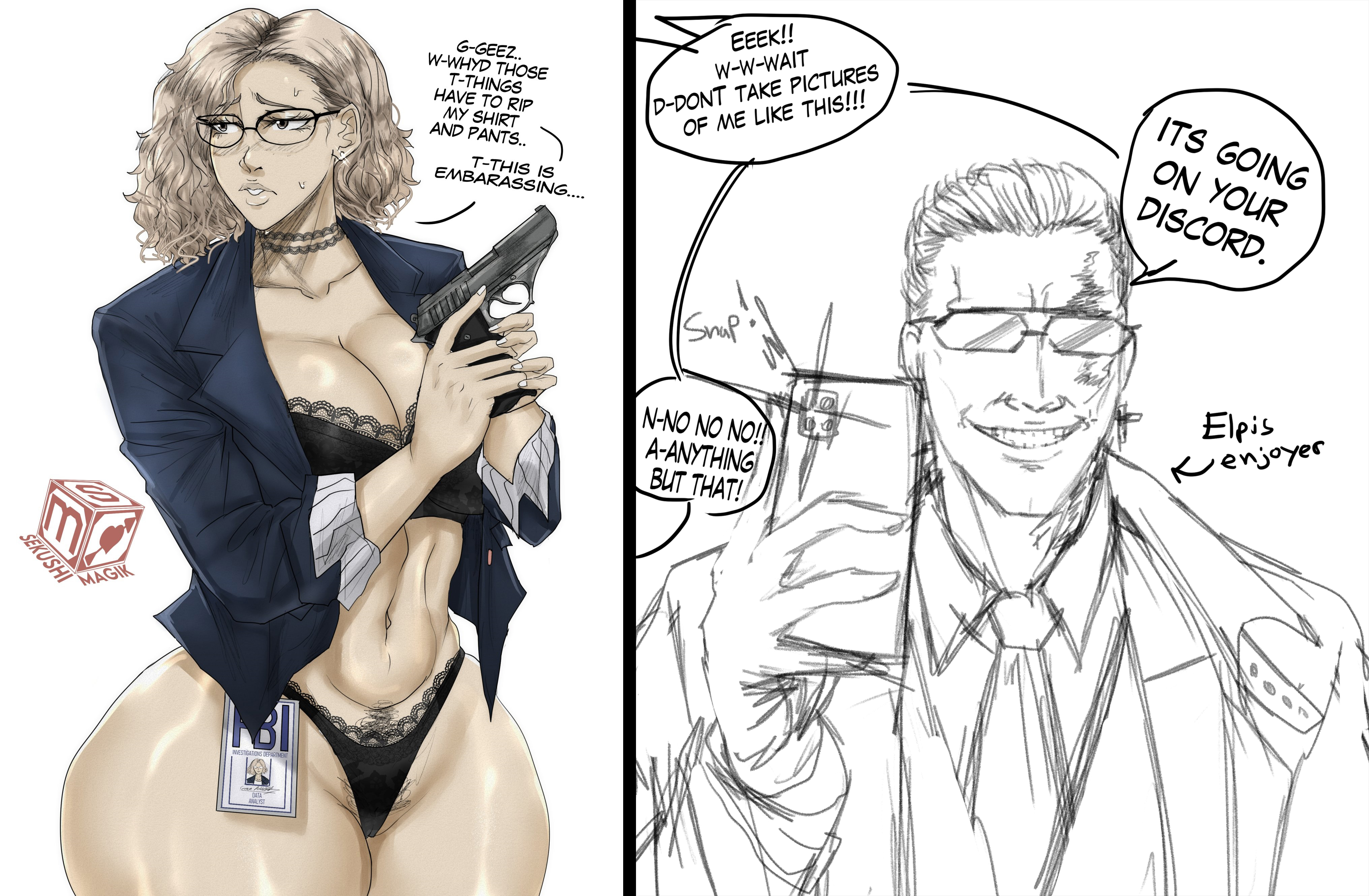 2d, blonde hair, busty, cleavage, clothing, electronics, female, female focus, glasses, grace ashcroft, grace ashcroft (fbi outfit), hourglass figure, human, id card, lingerie, male, pale skin, phone, pubes, pubic hair, pubic hair peek, resident evil, resident evil 9: requiem, sekushimagik, standing, tagme, wide hips, zeno (resident evil requiem)