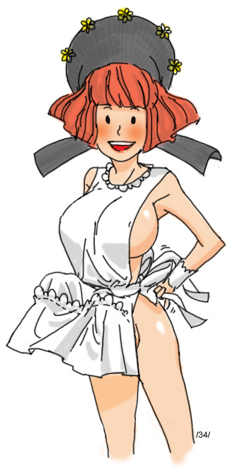 amelia bedelia, apron, artist request, blush, breasts, bulge, casual, clothing, erection, futa only, futanari, huge breasts, huge penis, human, intersex, looking at viewer, lowres, maid, naked apron, open mouth, outerwear, pale skin, penis, white background