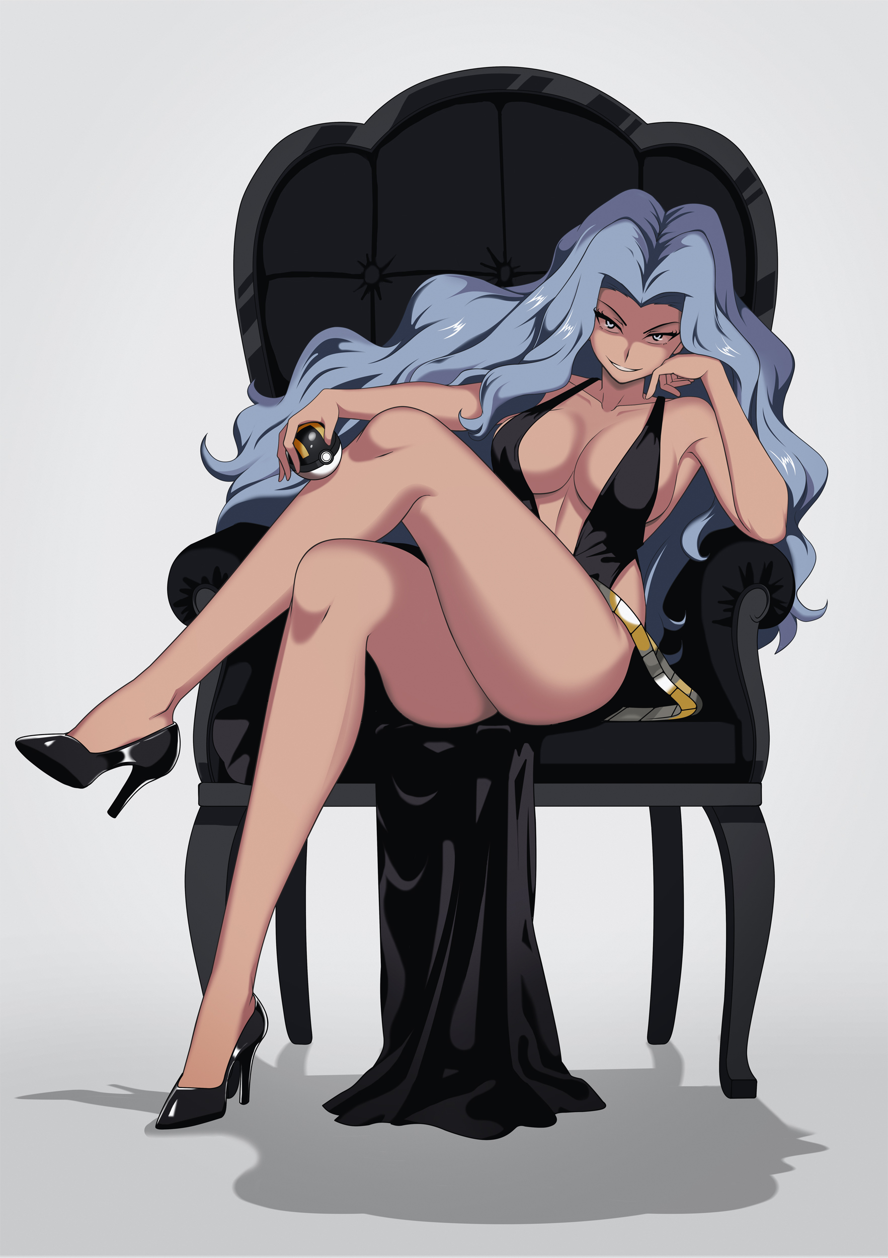 1girls, 2026, big breasts, black dress, breasts, chair, cleavage, female, female only, game freak, golden belt, gray eyes, gray hair, grey eyes, grey hair, hair, high heels, human, human only, karen (pokemon), legs, light skin, light-skinned female, long hair, long legs, looking at viewer, loose belt, nintendo, no underwear, pokemon, pokemon gsc, revealing clothes, revealing dress, smile, solo, ultra ball, vivivoovoo