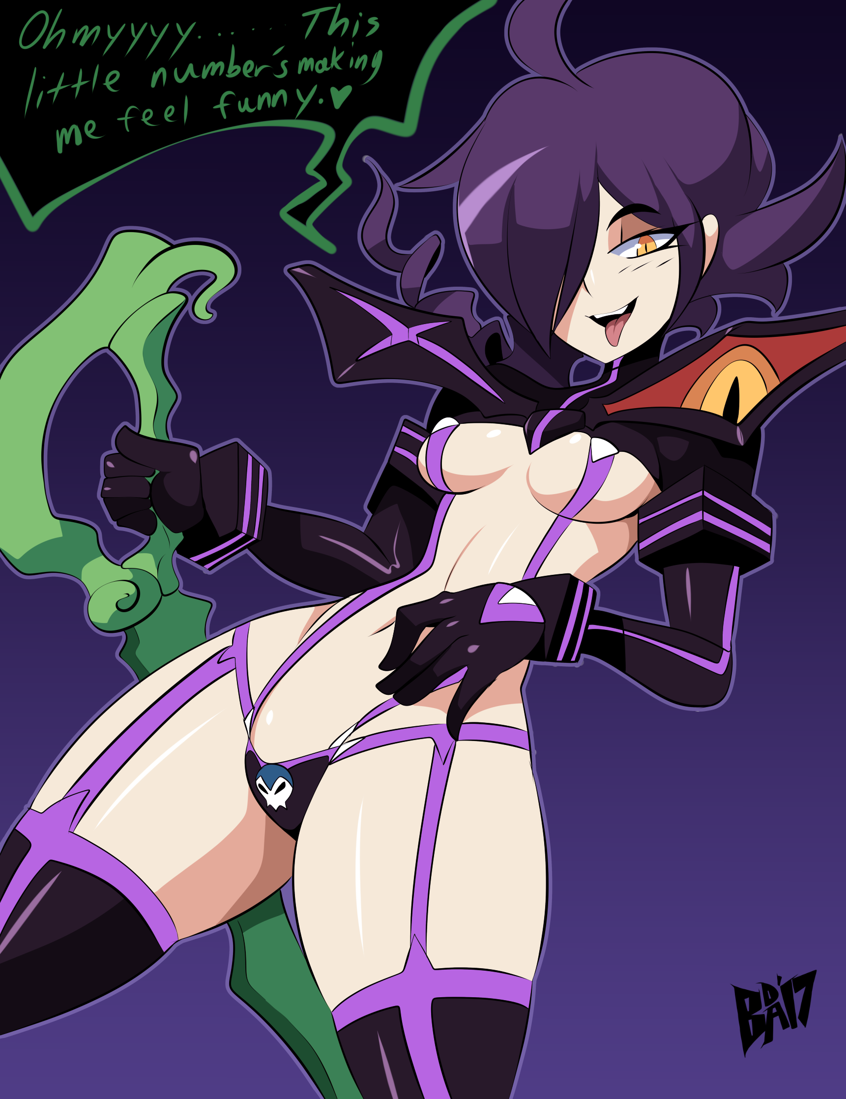 bigdeadalive, breasts, cleavage, cosplay, female, female only, garter belt, kill la kill, looking at viewer, matoi ryuuko, panties, purple hair, solo, text, thighhighs, zone-tan