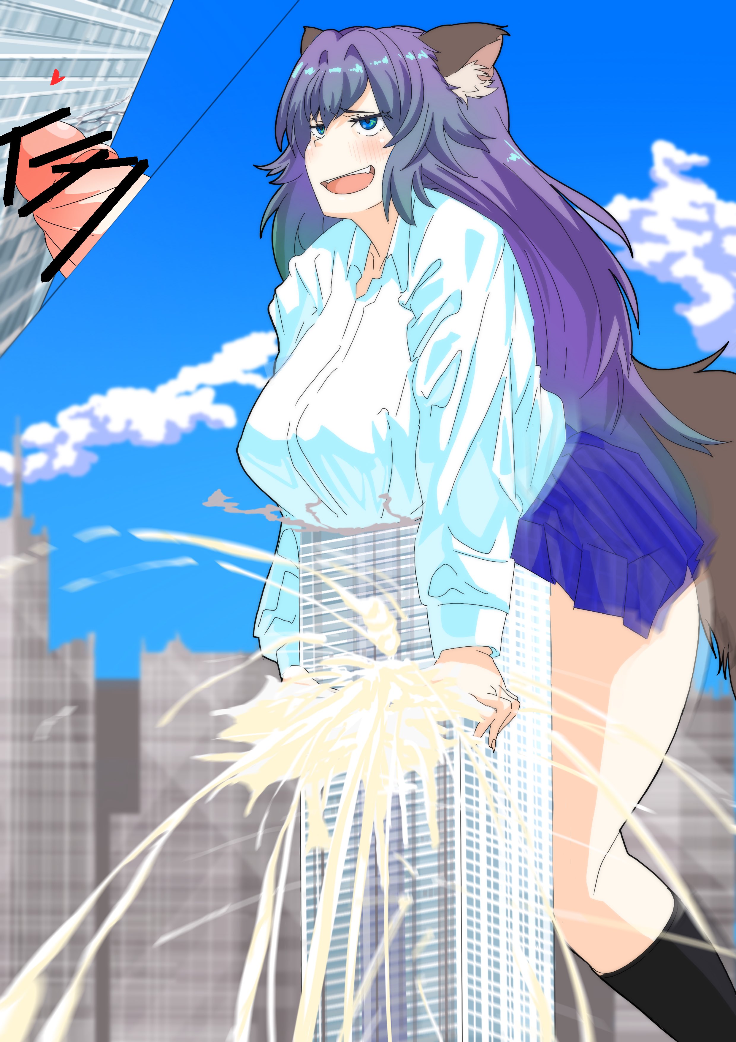 animal ears, anthro, blue eyes, building, building destruction, building sex, cum, ejaculation, excessive cum, futa, futanari, giant penis, giantess, long hair, looking pleasured, purple hair, shirt, skirt, socks, tin64702539