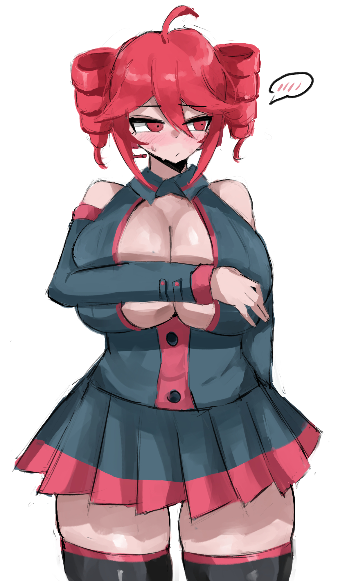 1girls, 2d, 2d (artwork), big breasts, blush, blushing at viewer, blushing female, clothed, clothed female, clothing, covering, covering breasts, doubleuww1, female, female focus, female only, high resolution, highres, kasane teto, looking away, red eyes, red hair, revealing, revealing clothes, revealing outfit, solo, solo female, solo focus, utau, www1 (artist)