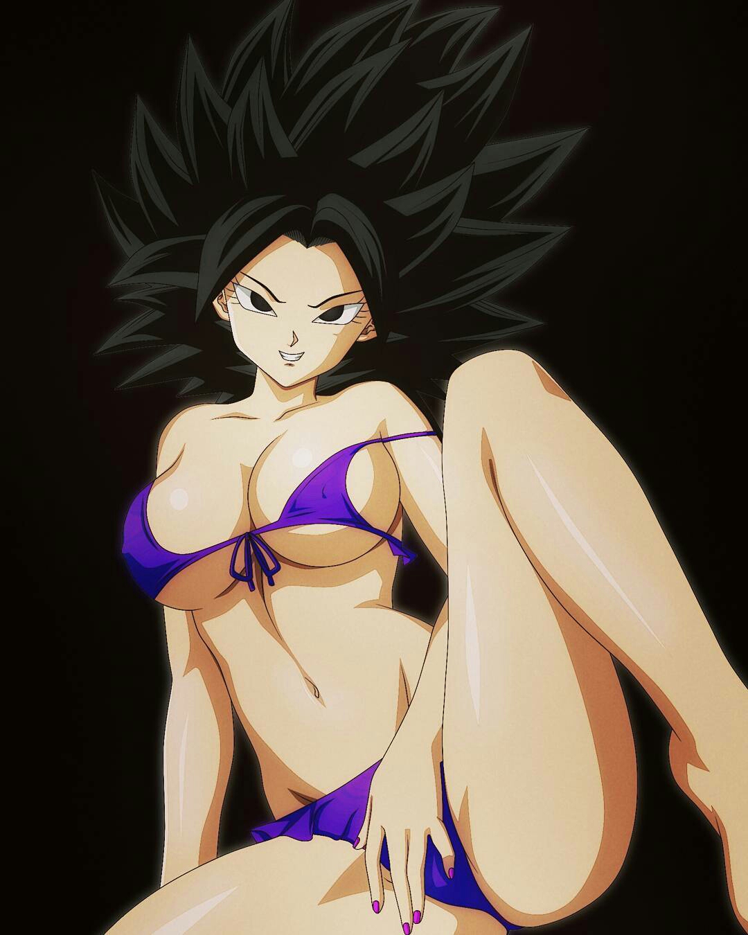 :d, 1girls, bare legs, big breasts, black eyes, black hair, breasts, caulifla, cleavage, collarbone, dark hair, dragon ball, dragon ball super, female, female only, legs, light skin, light-skinned female, long hair, nipples, panties, purple bra, purple panties, saiyan, simple background, sitting, smile, solo, spiky hair
