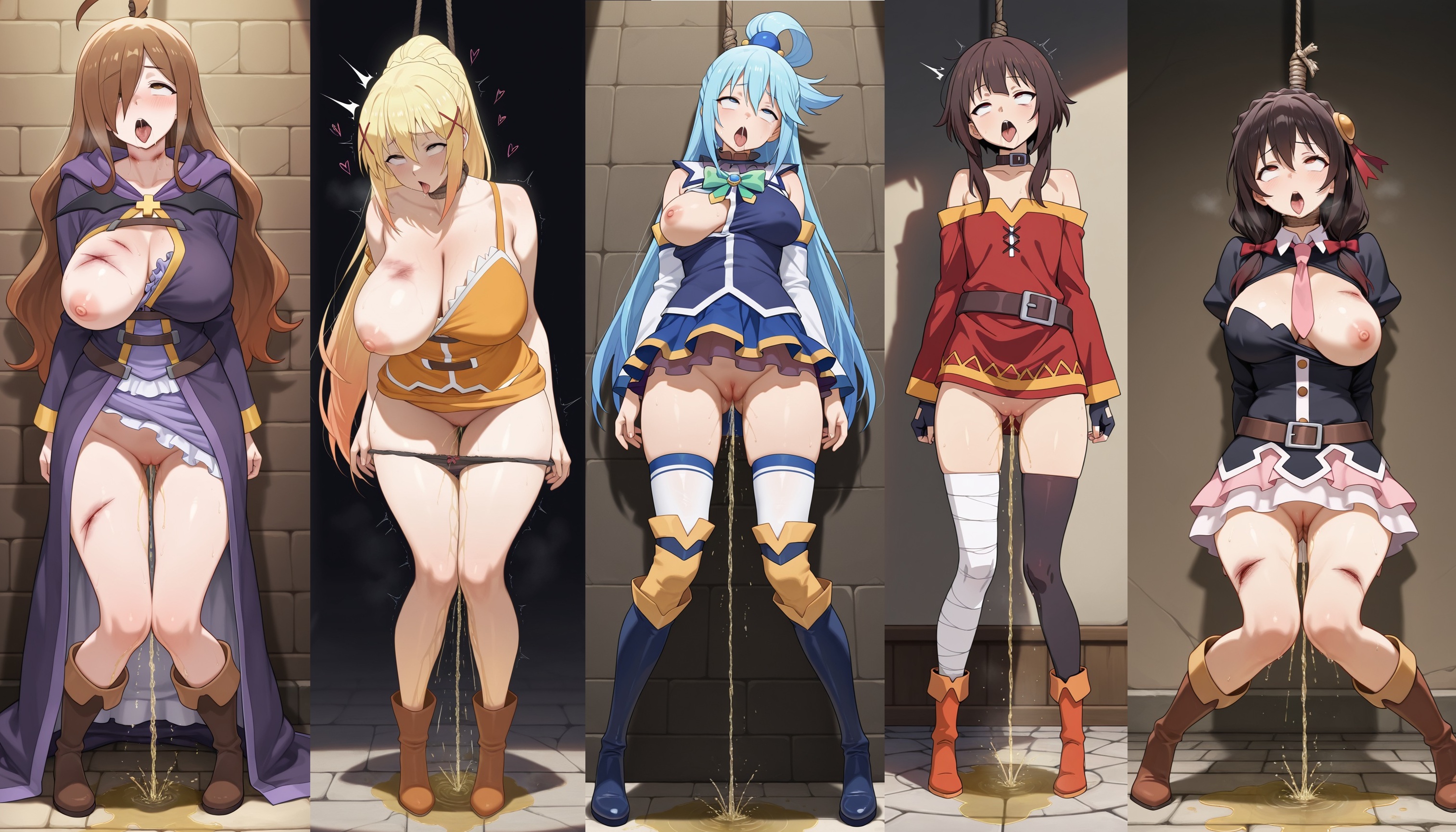 5girls, ahe gao, ai assisted, ai generated, aqua (konosuba), asphyxiation, darkness (konosuba), death, defeated, defeated heroine, female death, hanged, hanging, humiliation, kono subarashii sekai ni shukufuku wo!, konosuba, lalatina dustiness ford, megumin, noose, postmortem discharge, rope around neck, shame, tagme, wiz (konosuba), yunyun (konosuba)