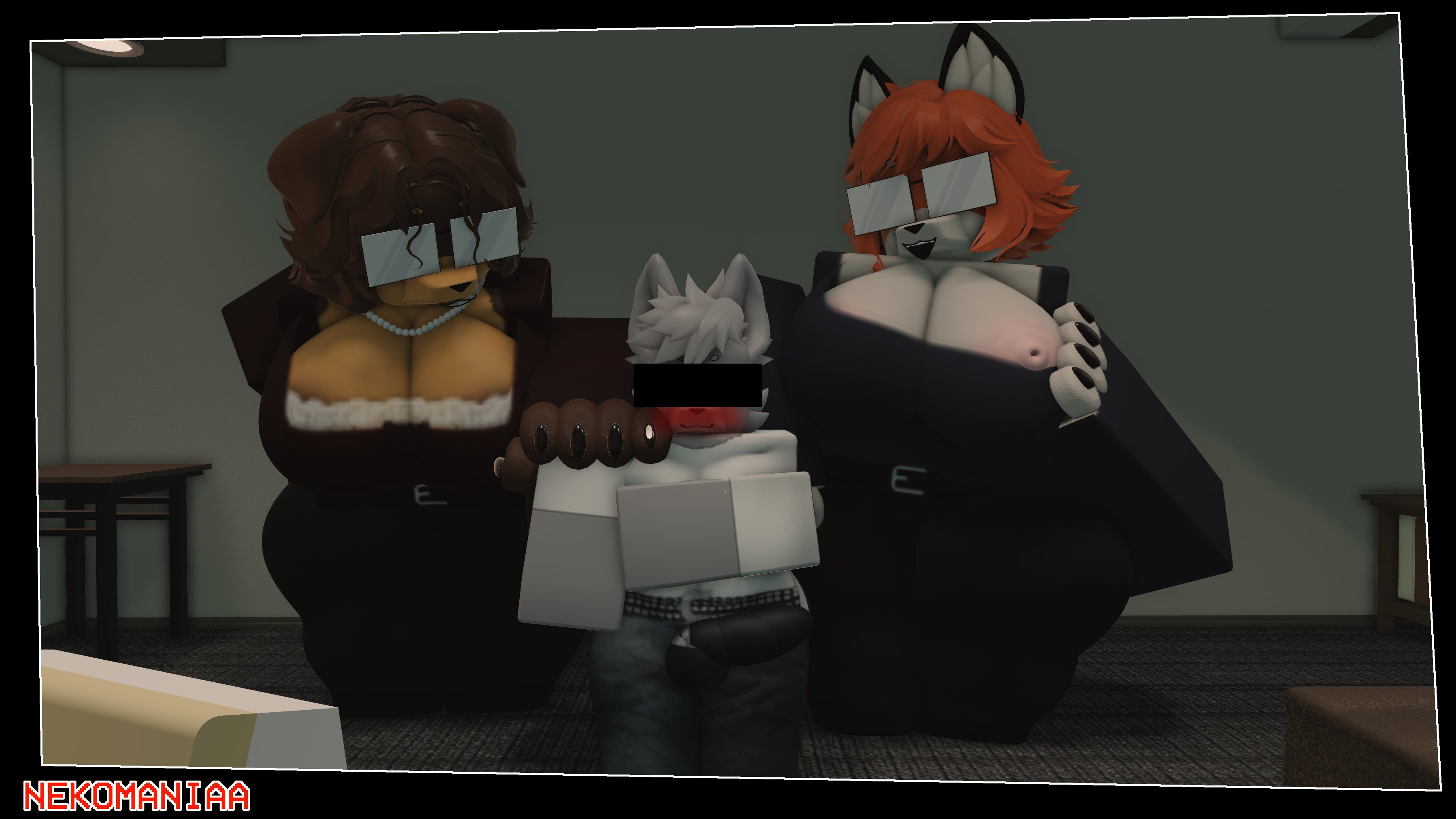 1boy, 2girls, 3d, anonymous male, canine, female, floppy ears, fox, furry, furry only, male/female, milf, nekomaniaa, older female, roblox, roblox avatar, robloxian, self upload, tagme