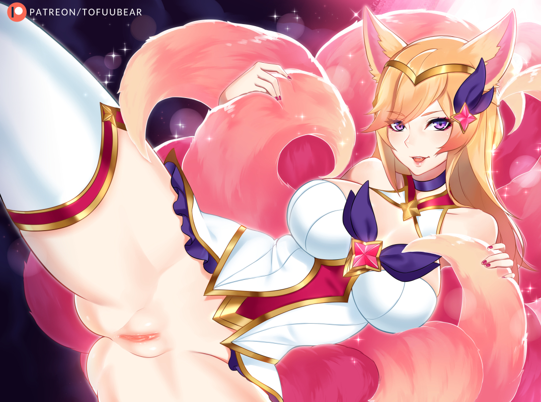 ahri, alternate costume, big breasts, breasts, cleavage, female, female only, higher resolution available, large breasts, league of legends, looking at viewer, pussy, shaved pussy, solo, spread legs, star guardian, star guardian ahri, star guardian series, thighhighs, tofuubear