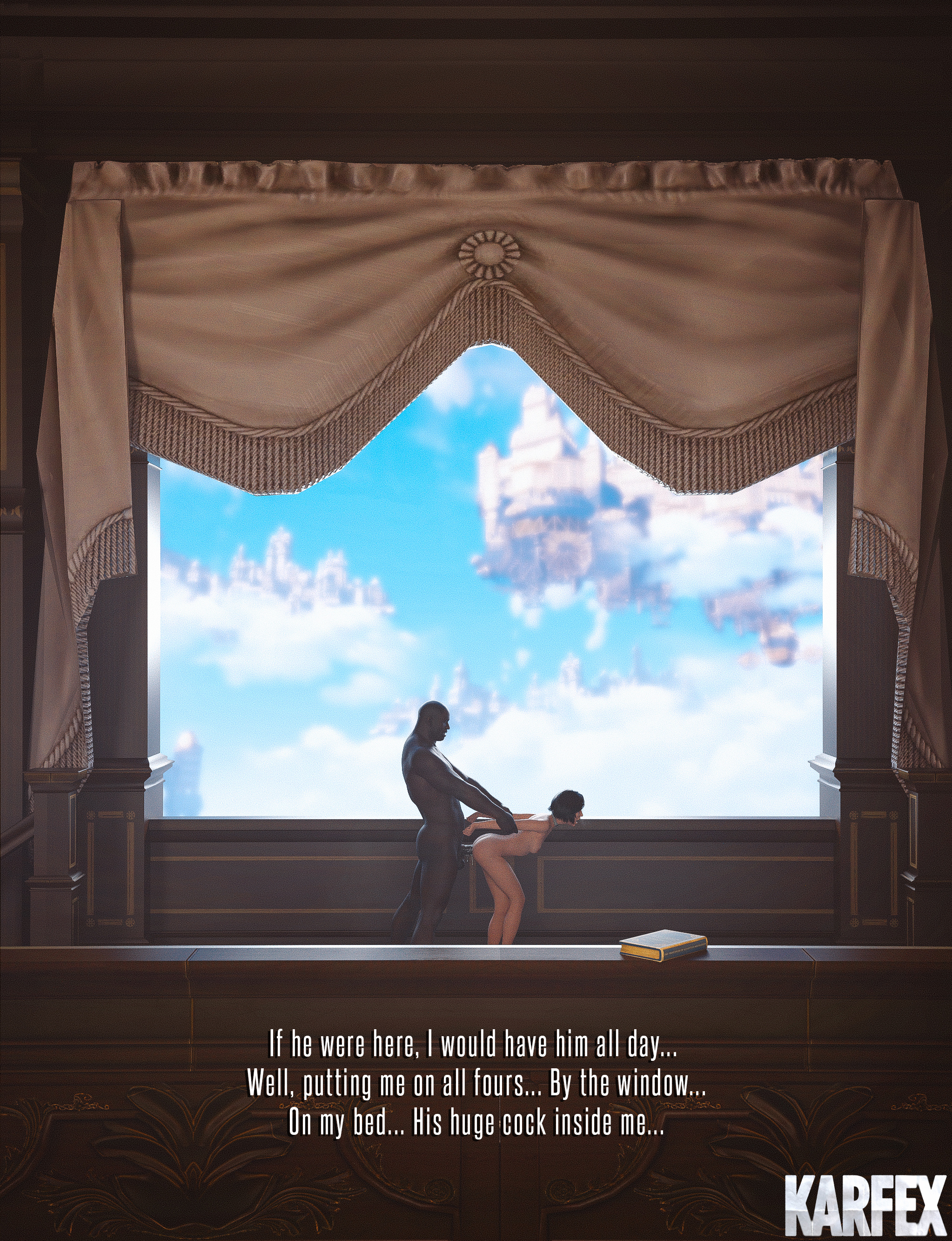 3d, arm grab, bent over, bioshock, bioshock infinite, black hair, blue eyes, brown hair, cum, dark skin, dark-skinned male, elizabeth comstock, english text, eyelashes, female, interracial, karfex, light skin, light-skinned female, lipstick, makeup, mascara, medium hair, naked, nude female, realistic, sex, short hair, standing doggystyle, standing sex, text, very high resolution