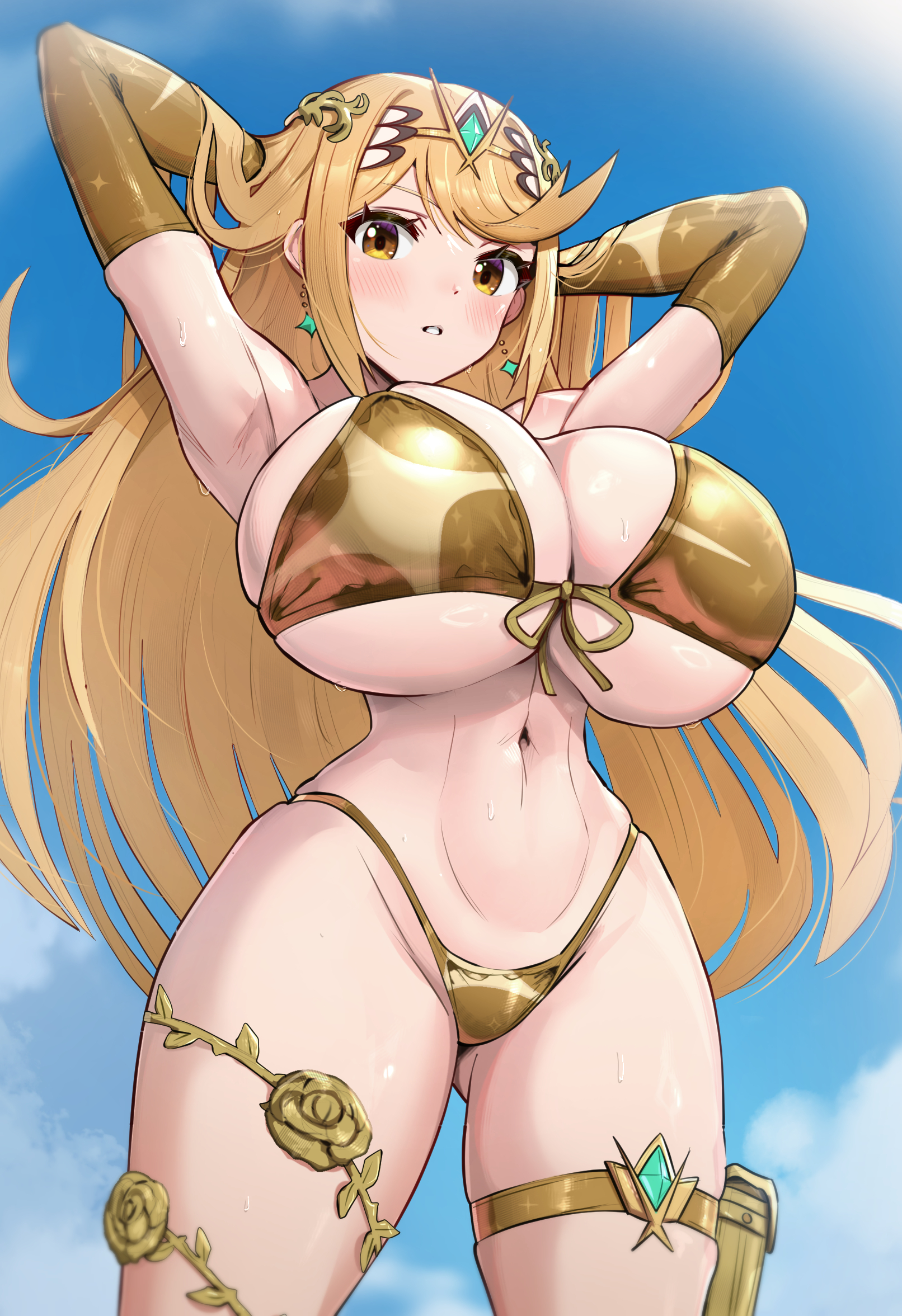 1girl, bare shoulders, bikini, blonde hair, blue sky, blush, breasts, cleavage, cloud, commentary request, detached sleeves, earrings, floating earrings, gold bikini, gonzarez, headpiece, highres, huge breasts, jewelry, long hair, looking at viewer, mythra, navel, outdoors, sky, solo, stomach, swept bangs, swimsuit, thighlet, tiara, very long hair, xenoblade (series), xenoblade chronicles 2, yellow eyes