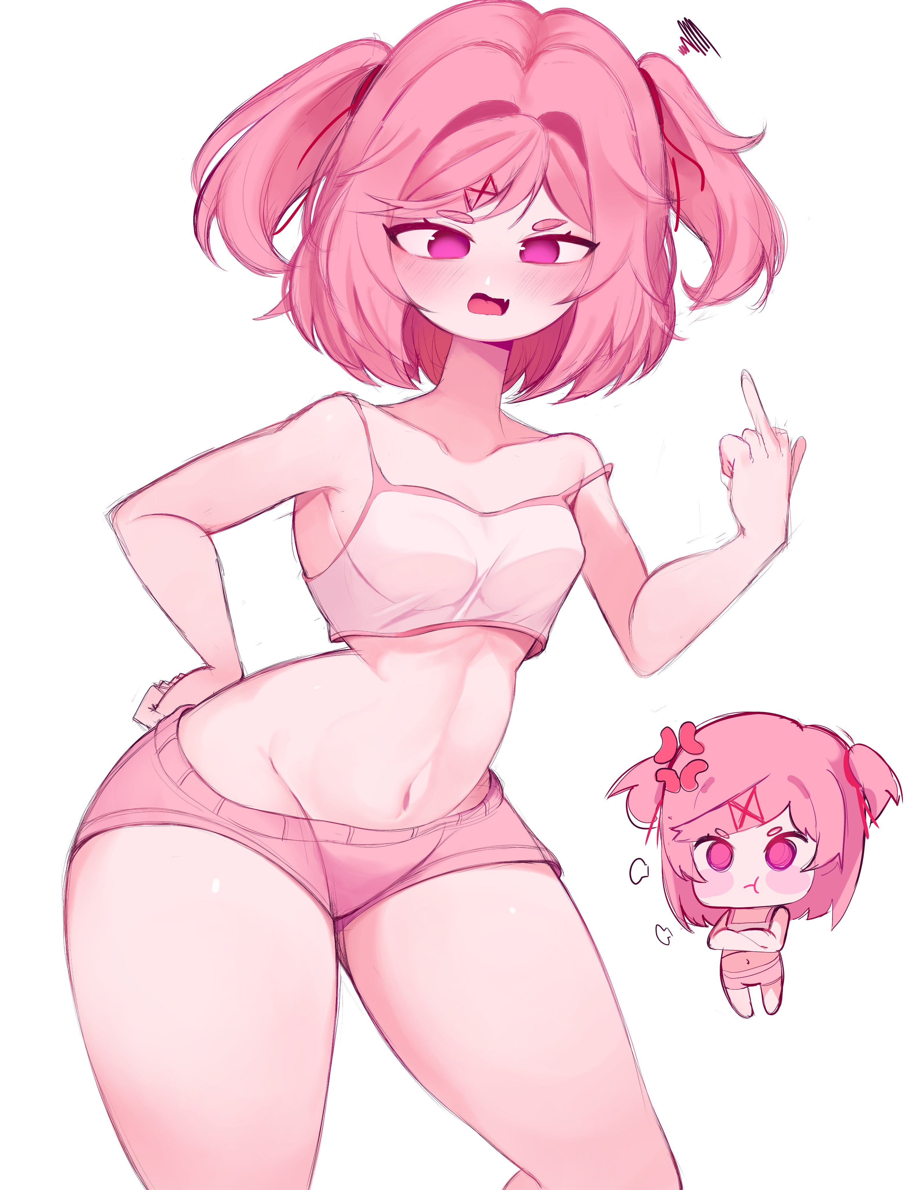 1girls, breasts, doki doki literature club, light skin, light-skinned female, looking at viewer, natsuki (doki doki literature club), pink hair, reinsleif, rox hoxten, small breasts, thick thighs, thighs, wide hips
