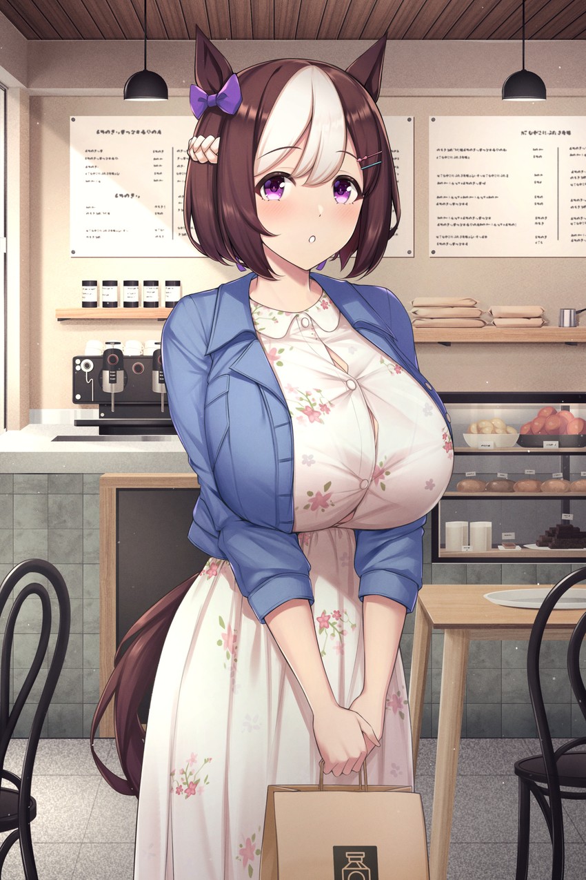 :o, 1girls, aged up, alternate breast size, animal ears, black chair, blue jacket, bow, breasts, brown hair, button gap, buttons, cafe, casual, chair, dress, floral print, flower dress, hairbow, hairclip, handbag, hi res, highres, holding, horse ears, horse girl, horse tail, huge breasts, indoors, jacket, kannko bokujou, looking at viewer, multicolored hair, paintcan, purple bow, purple eyes, ribbon, ribbons, short hair, solo, special week (umamusume), straining buttons, table, tail, two-tone hair, umamusume, umamusume pretty derby, white dress, white streak
