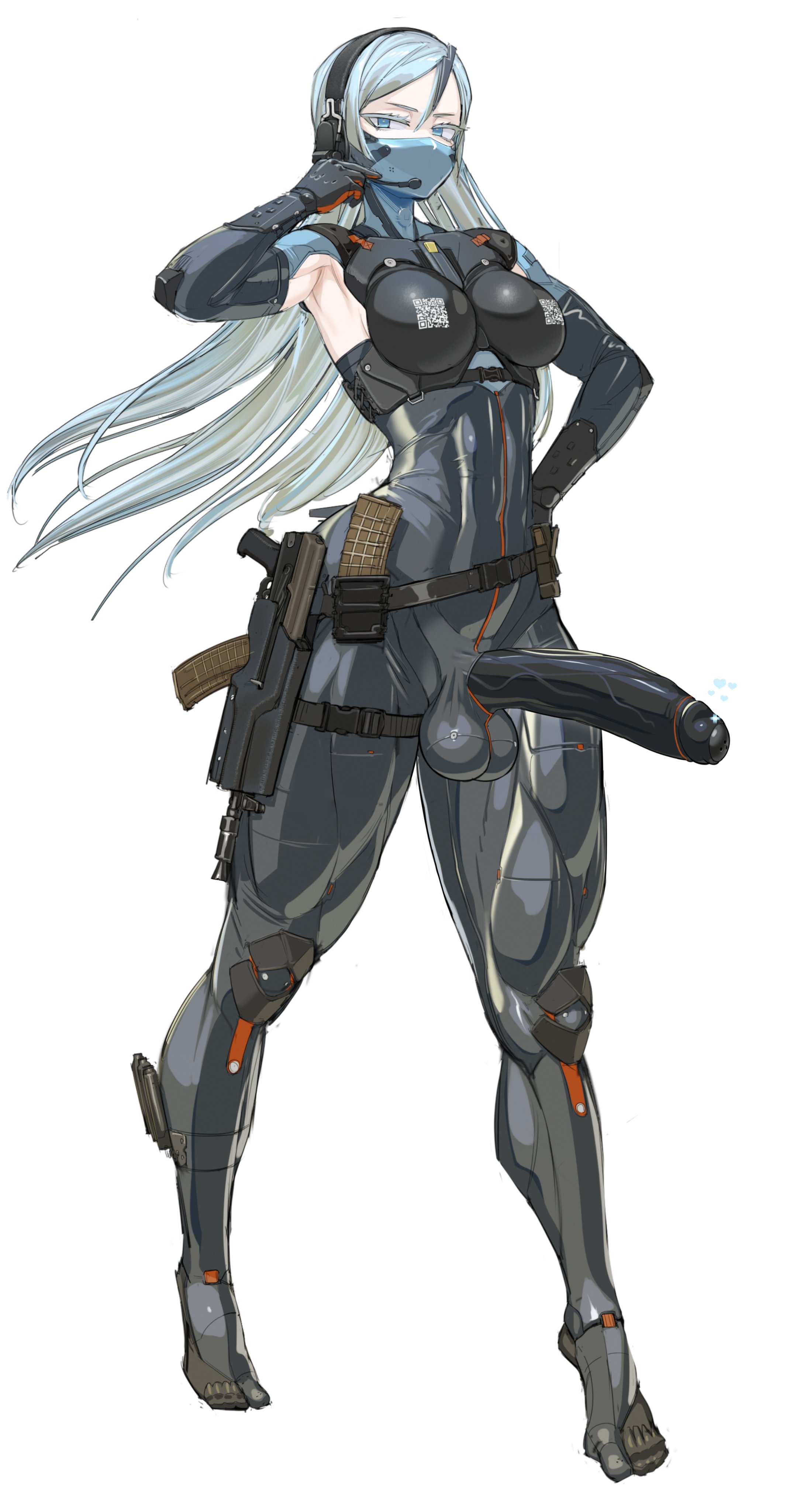 1futa, armor, balls, big balls, bodysuit, breasts, clothed, clothing, erection, firearm, futa only, futanari, gun, huge cock, human, light skin, light-skinned futa, mask, military uniform, mostly clothed, nisetanaka, nisetanaqa, penis, qr code, solo, solo futa, standing, tactical gear, tagme, toned, toned futa, weapon