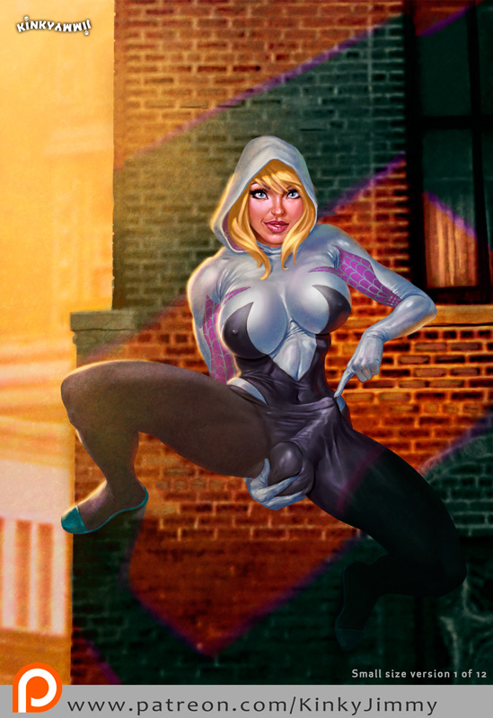 1futa, against wall, balls, balls bulge, balls under clothes, big lips, bimbo, blonde hair, blue eyes, bodysuit, breasts, bulge, cameltail, dickgirl, erect nipples, erection, erection under clothes, fondling, futa only, futanari, gwen stacy, hood, hourglass figure, intersex, kinkyjimmy, large balls, large breasts, large penis, large testicles, legs apart, looking at viewer, marvel, marvel comics, nipple bulge, nipples, penis, penis bulge, penis under clothes, pointing at penis, self fondle, solo, solo futa, spider-gwen, spider-man (series), tagme, tenting, testicles, thick penis, tight clothing