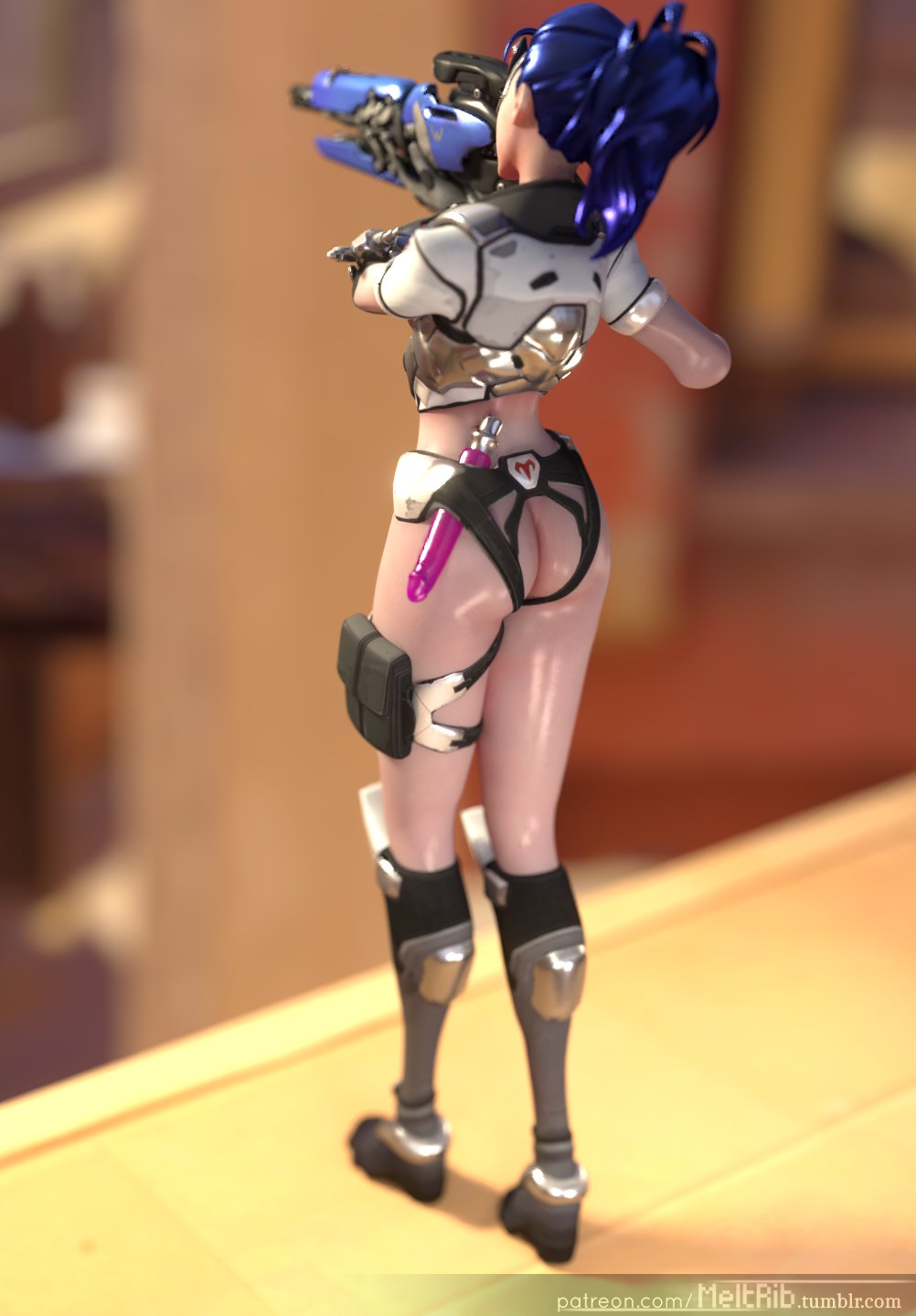 3d, ass, ass crack, back view, blender, butt crack, dildo, female, gun, meltrib, overwatch, sex toy, sniper, sniper rifle, solo, solo female, standing, talon widowmaker, viewed from behind, weapon, widowmaker