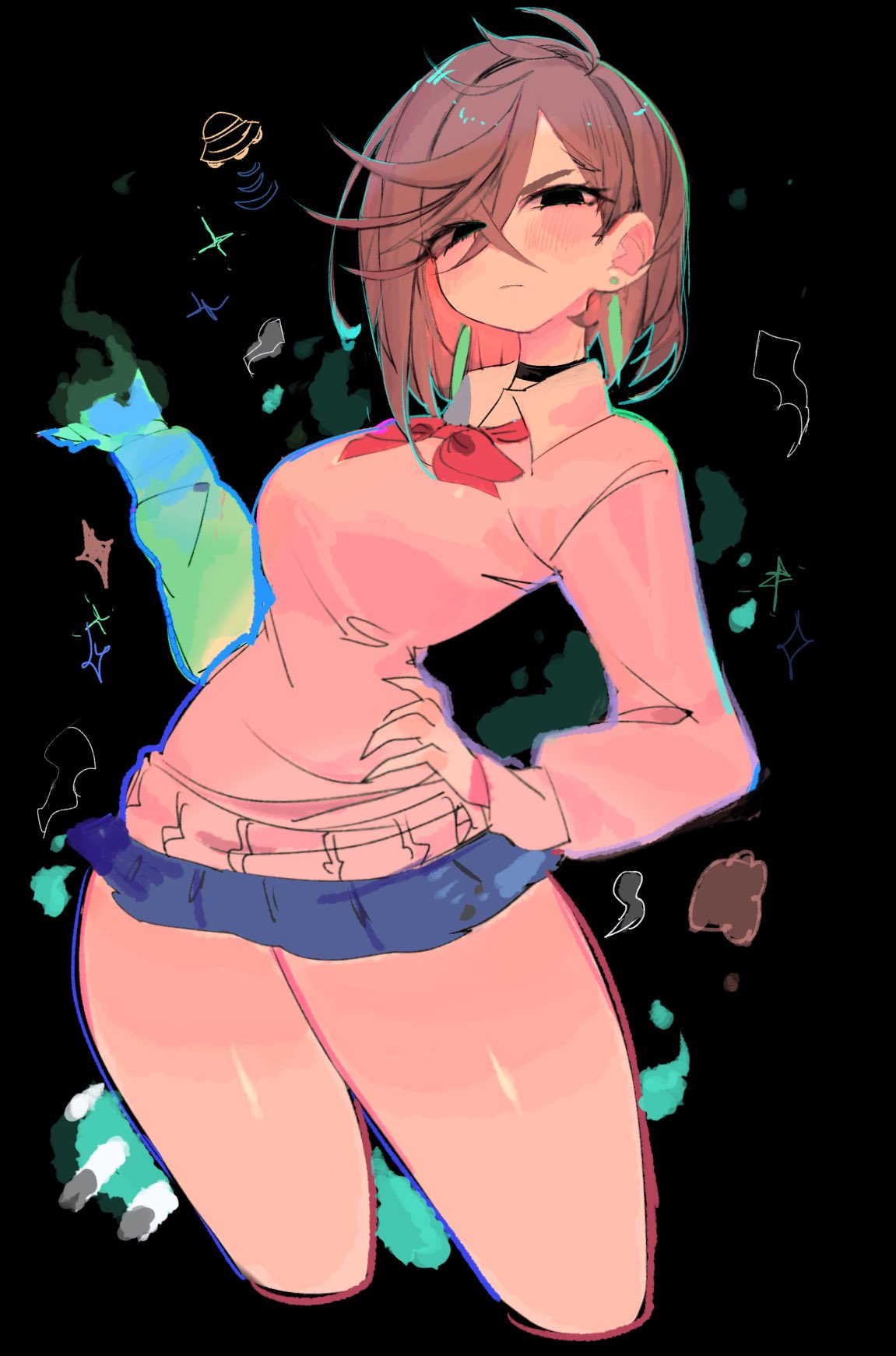 1girls, 2026, 2d, 2d artwork, ayase momo, black background, black eyes, blush, brown hair, closed mouth, clothed, clothing, collar, color, colored, dandadan, digital media (artwork), dress, female, female only, front view, hair over one eye, hi res, legs, looking at viewer, medium hair, momo ayase, mouth closed, simple background, skirt, small waist, solo, thick thighs, usa37107692, waist, waist grab, wide hips