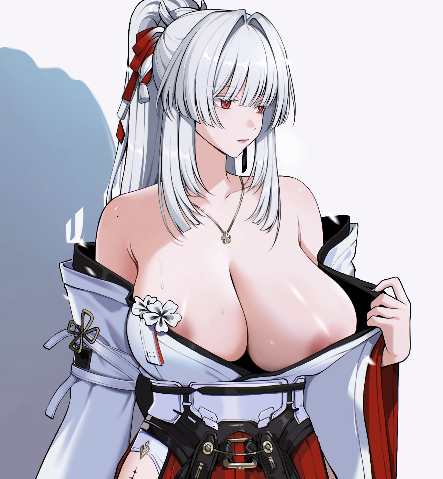 areola slip, ateoyh, breasts, closed mouth, colored eyelashes, commentary, female, grey background, hair intakes, hair ribbon, highres, hiyuki (wuthering waves), huge breasts, jewelry, long hair, looking to the side, necklace, off shoulder, paid reward available, ponytail, red eyes, red ribbon, ribbon, simple background, solo, upper body, white eyelashes, white hair, wuthering waves