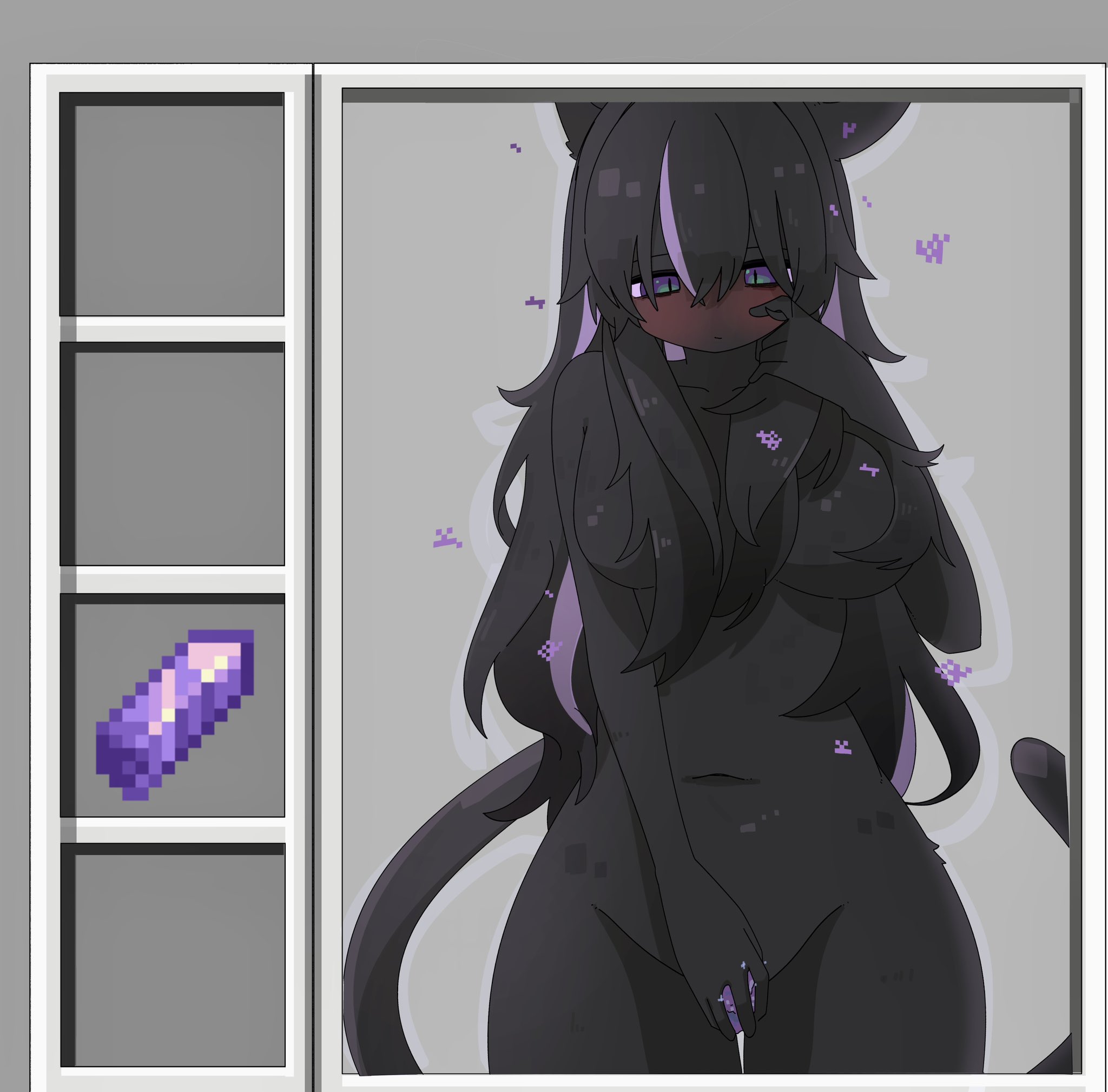 animal ears, animal genitalia, big breasts, black hair, black skin, cat ears, cat humanoid, cat tail, catgirl, doremifaso64, enderman, enderwoman, green eyes, huge breasts, huge thighs, jewelry, long hair, minecraft, mojang, purple eyes, purple hair, thighs