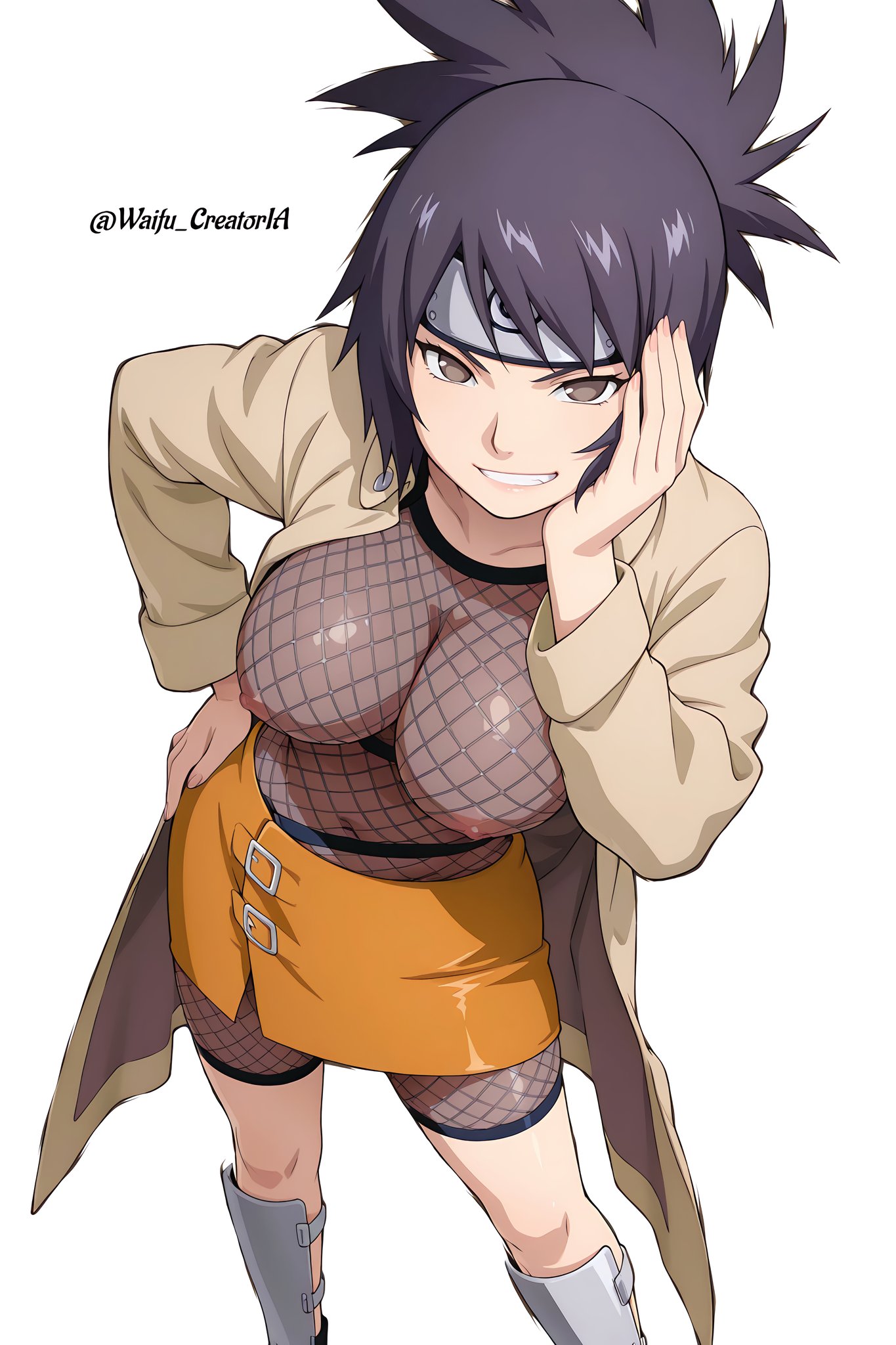 1girls, ai generated, belt, big breasts, bodysuit, bodysuit pull, breasts, breasts out, coat, female, female only, fishnet bodysuit, fishnets, full body, fully clothed, grin, hand on face, hand on hip, hand on own face, hand on own hip, headband, kunoichi, large breasts, long hair, looking at viewer, mitarashi anko, naruto, naruto (series), naruto shippuden, necklace, ninja, no bra, outdoors, pendant, plain background, ponytail, presenting, presenting breasts, purple hair, sagging breasts, sandals, simple background, smile, solo, solo focus, tied hair, trenchcoat, url, voluptuous, waifucreatorai, web address, white background