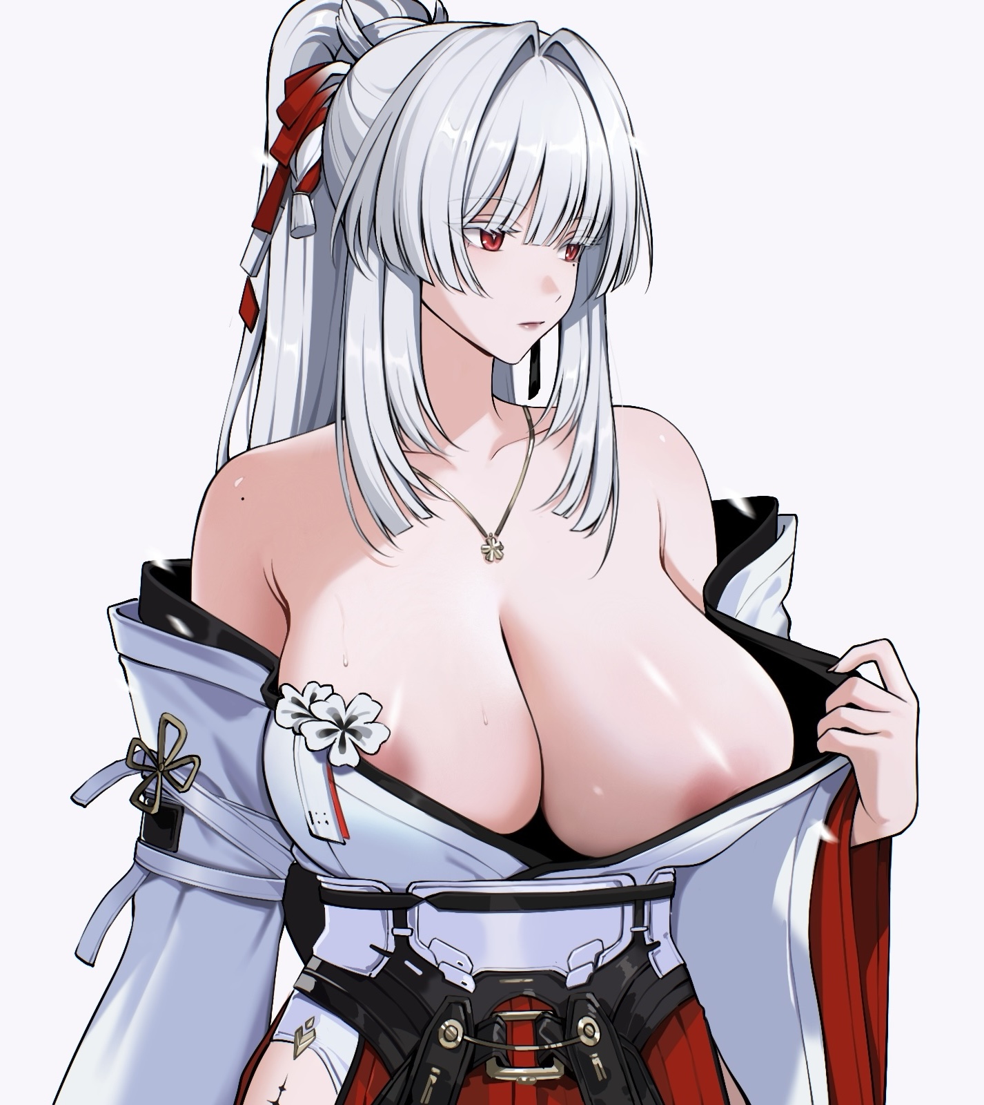 areola slip, ateoyh, breasts, closed mouth, colored eyelashes, commentary, female, grey background, hair intakes, hair ribbon, highres, hiyuki (wuthering waves), huge breasts, jewelry, long hair, looking to the side, necklace, off shoulder, paid reward available, ponytail, red eyes, red ribbon, ribbon, simple background, solo, upper body, white eyelashes, white hair, wuthering waves