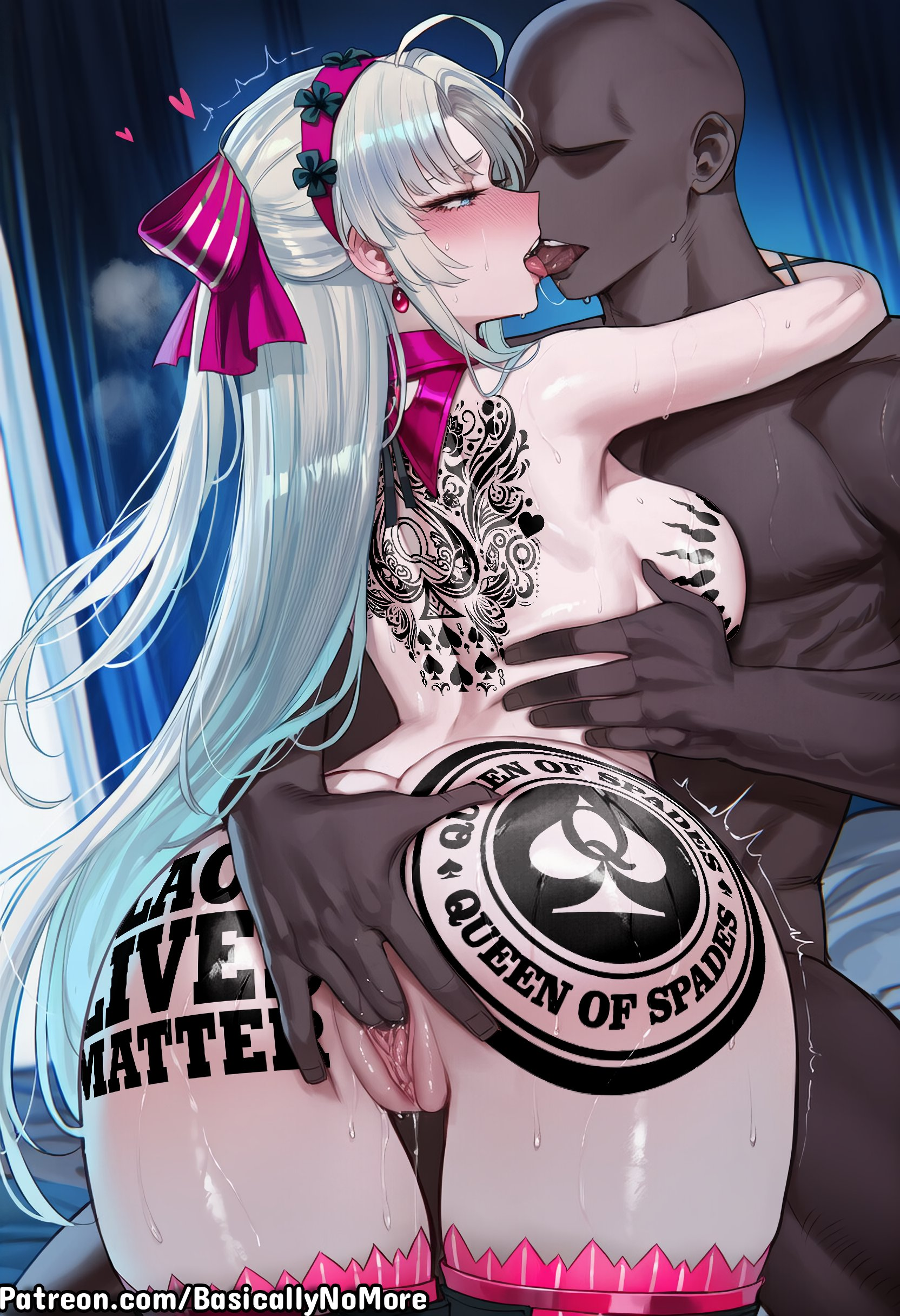 ai generated, anime, basicallynomore, blacked, carlotta (wuthering waves), dark skin, dark-skinned male, female, french kiss, kissing, looking at viewer, pubic tattoo, qos, qos tattoo, queen of spades, queen of spades symbol, queen of spades tattoo, tattoo, tattoos, white skin, wuthering waves