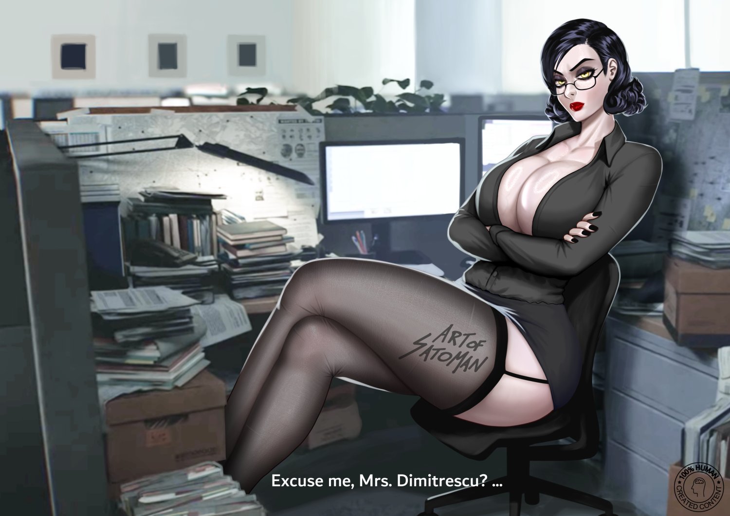 1girls, alcina dimitrescu, arms crossed, arms crossed under breasts, artist name, big breasts, black eyeshadow, black hair, black nail polish, black nails, black skirt, black thighhighs, breasts, capcom, chair, cleavage, english, english text, eyeshadow, female, female only, garter belt, garter straps, hair, huge breasts, legwear, lips, lipstick, mature, mature female, mature woman, milf, miniskirt, mother, nail polish, nails, office chair, office clothing, office lady, ohmyseki, painted fingernails, painted nails, pencil skirt, red lips, red lipstick, resident evil, resident evil 8: village, resident evil 9: requiem, revealing clothes, short hair, sitting, skirt, solo, solo female, tall, tall female, taller female, text, thick lips, thighhighs, yellow eyes