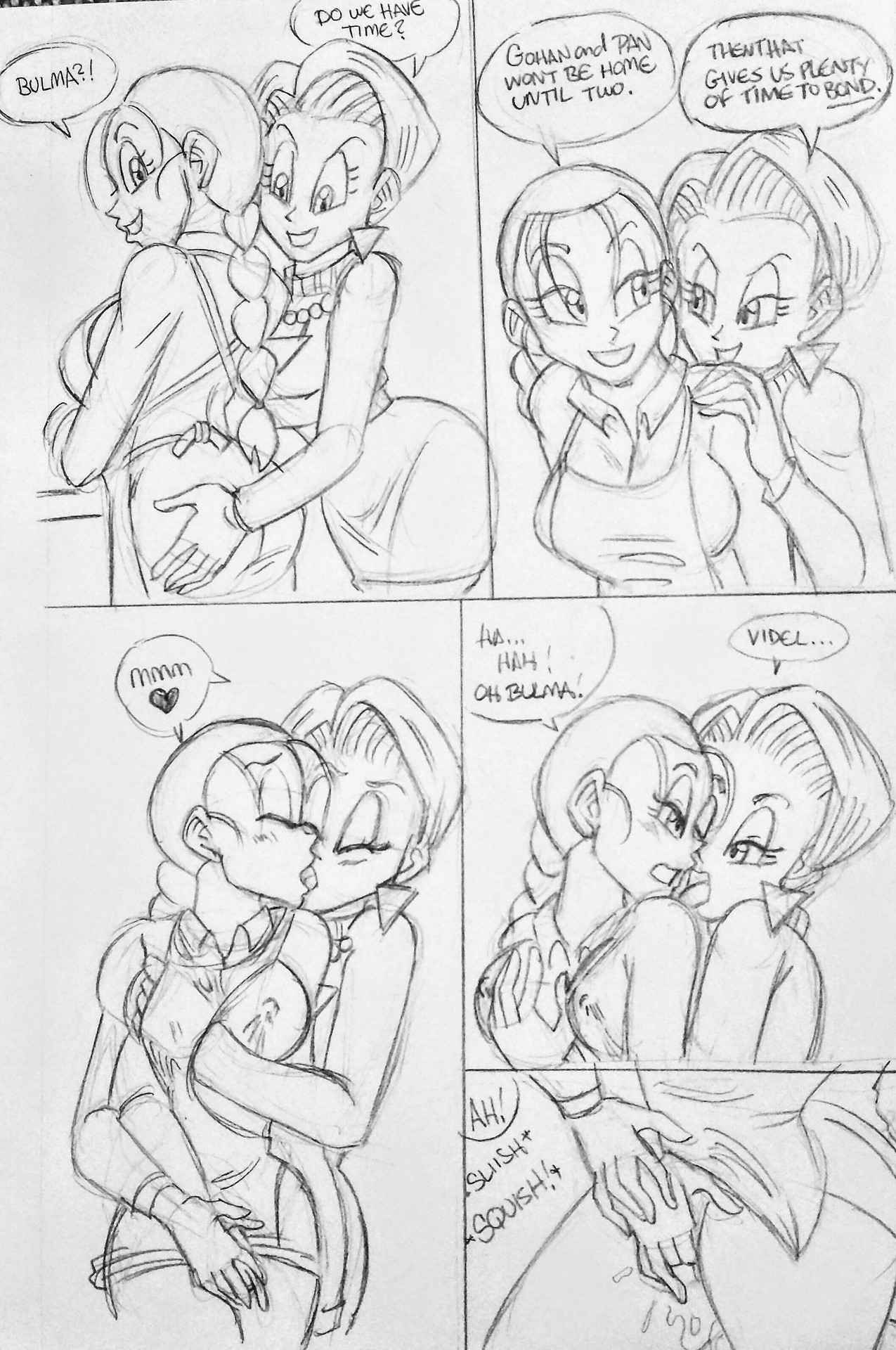 2girls, boob grab, breasts, bulma, bulma (dragon ball gt), bulma (gt saga), bulma briefs, clothed, clothing, dialogue, dragon ball, dragon ball gt, female, fondle, funsexydragonball, kissing, licking, monochrome, multiple females, multiple girls, pussy, pussy juice, videl, videl (gt saga), yuri