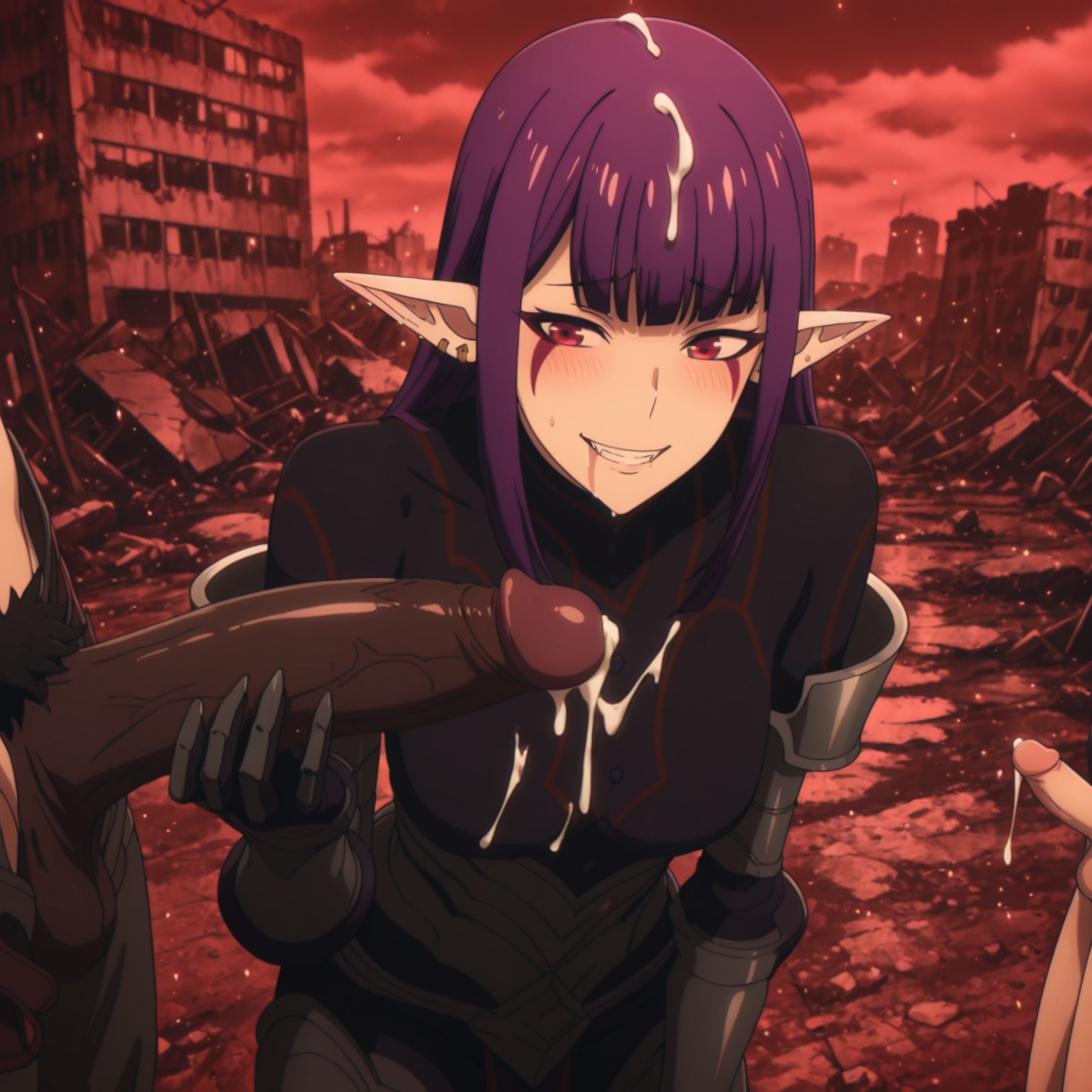 1girls, 2boys, ai generated, breasts, clothed female nude male, crumbled buildings, cuckold, cum, cum on breasts, cum on face, dark skin, dark-skinned male, demon, demon girl, embarrassed, esil radiru, fangs, female, gauntlets, happy female, interracial, large penis, light skin, light-skinned male, long penis, looking at penis, male, netorare, ntr, nude, nude male, penis, penis size difference, pointy ears, precum, purple hair, red eyes, red sky, ruined city, self upload, small penis, small penis humiliation, smile, solo leveling, tagme, thick penis