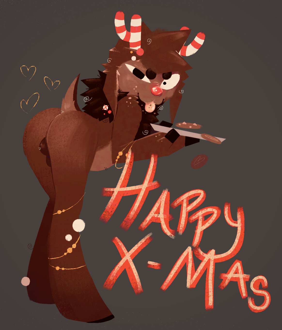 ass, blank background, color, dandy's world, facing viewer, food, furry, furry male, joke art, looking at viewer, looking back, male, penis, roblox, roblox game, rudie (dandy's world), small penis, tongue out, xmas