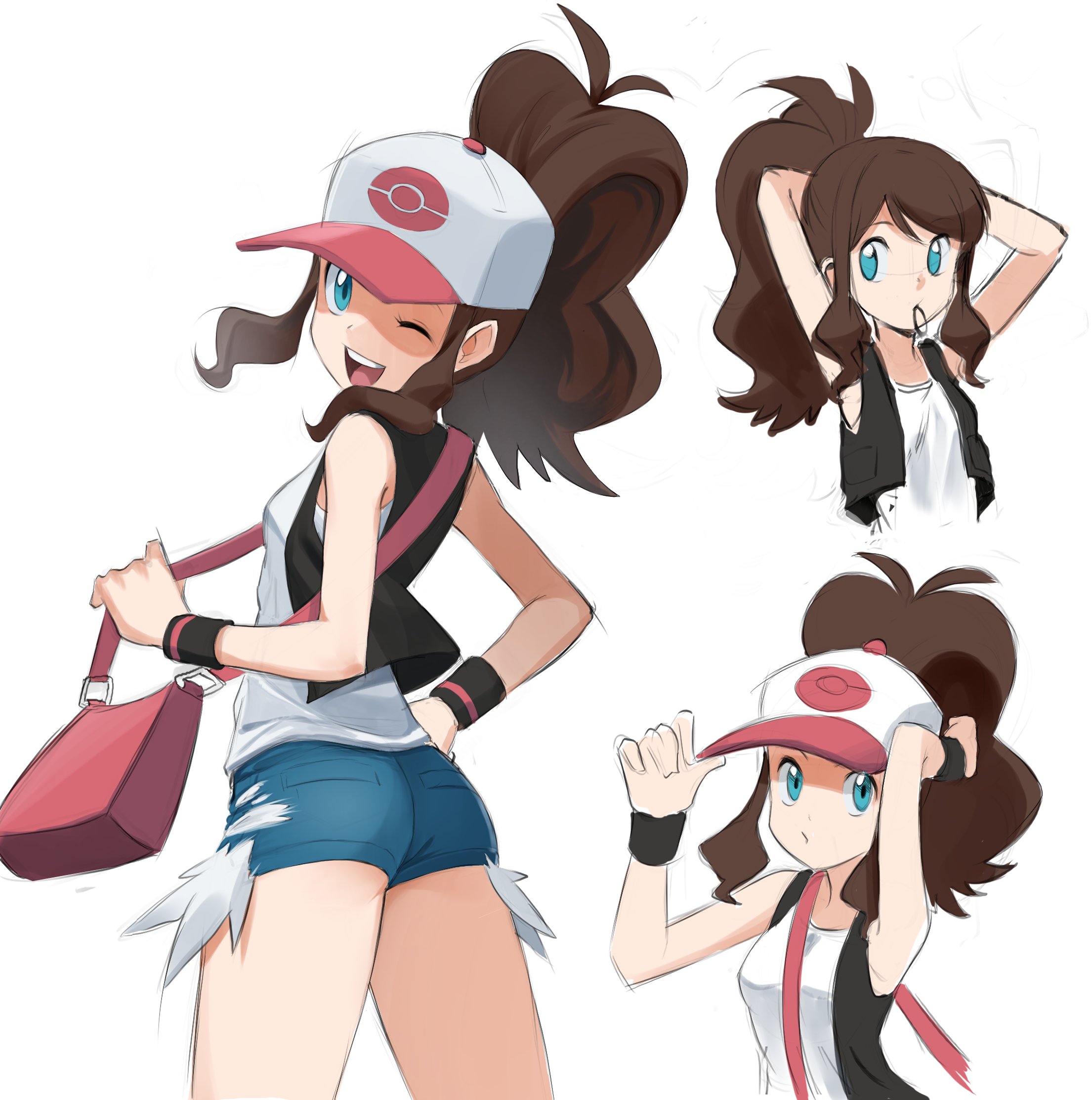 1girls, adjusting hair, ass, blue eyes, brown hair, creatures (company), denim, denim shorts, exposed pocket, female, female only, game freak, hand on own hip, hat, highres, hilda (pokemon), looking at viewer, mouth hold, mrthunderigor00, multiple views, nintendo, one eye closed, pokemon, pokemon bw, shirt, shorts, sleeveless, sleeveless shirt