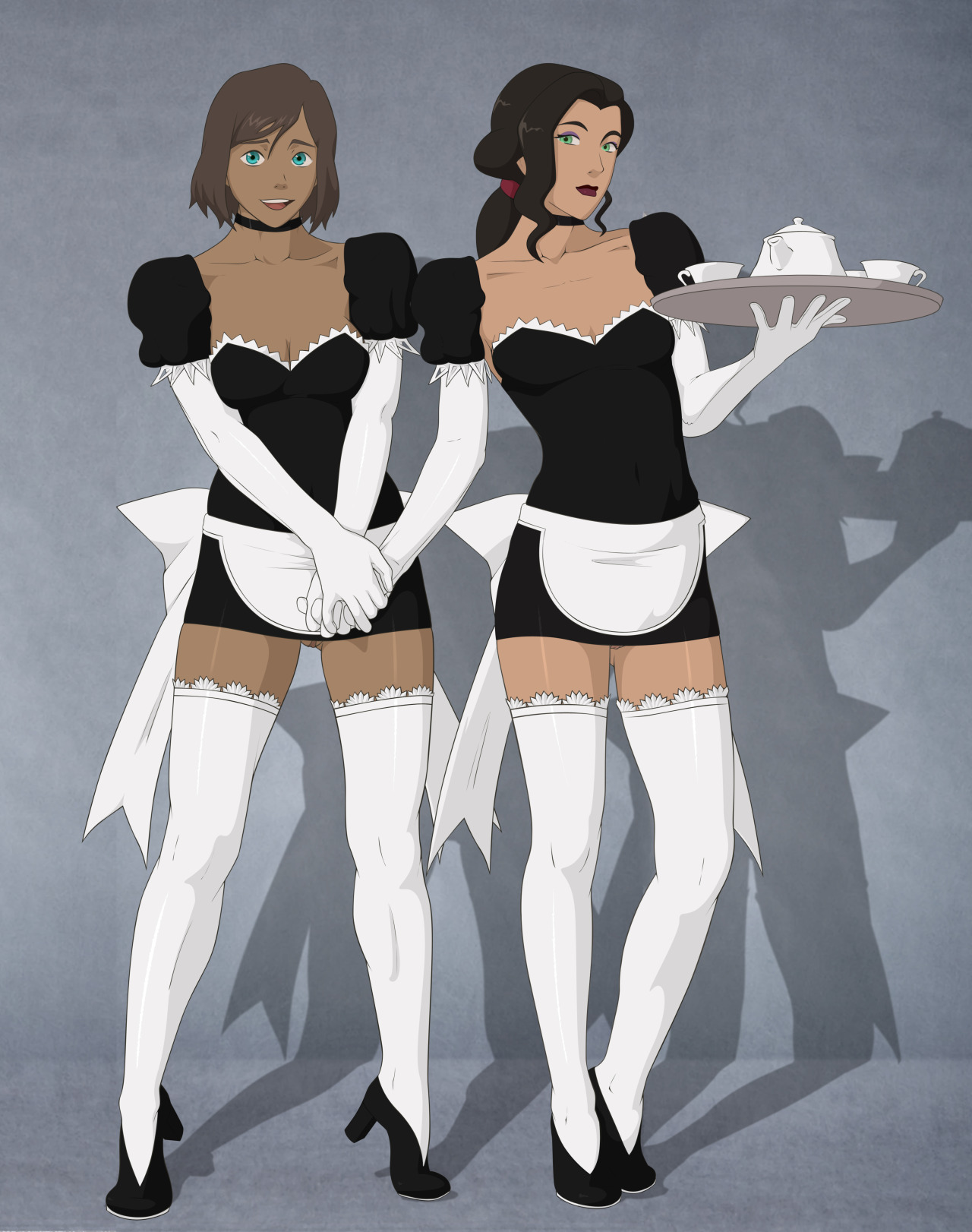 2girls, anaxus, asami sato, avatar legends, breasts, canon couple, chocolate and vanilla, clothing, dark skin, dark-skinned female, female, high heels, korra, light skin, light-skinned female, maid, maid uniform, medium breasts, multiple females, multiple girls, no panties, pussy, pussy peek, smooth skin, stockings, the avatar, the legend of korra, water tribe