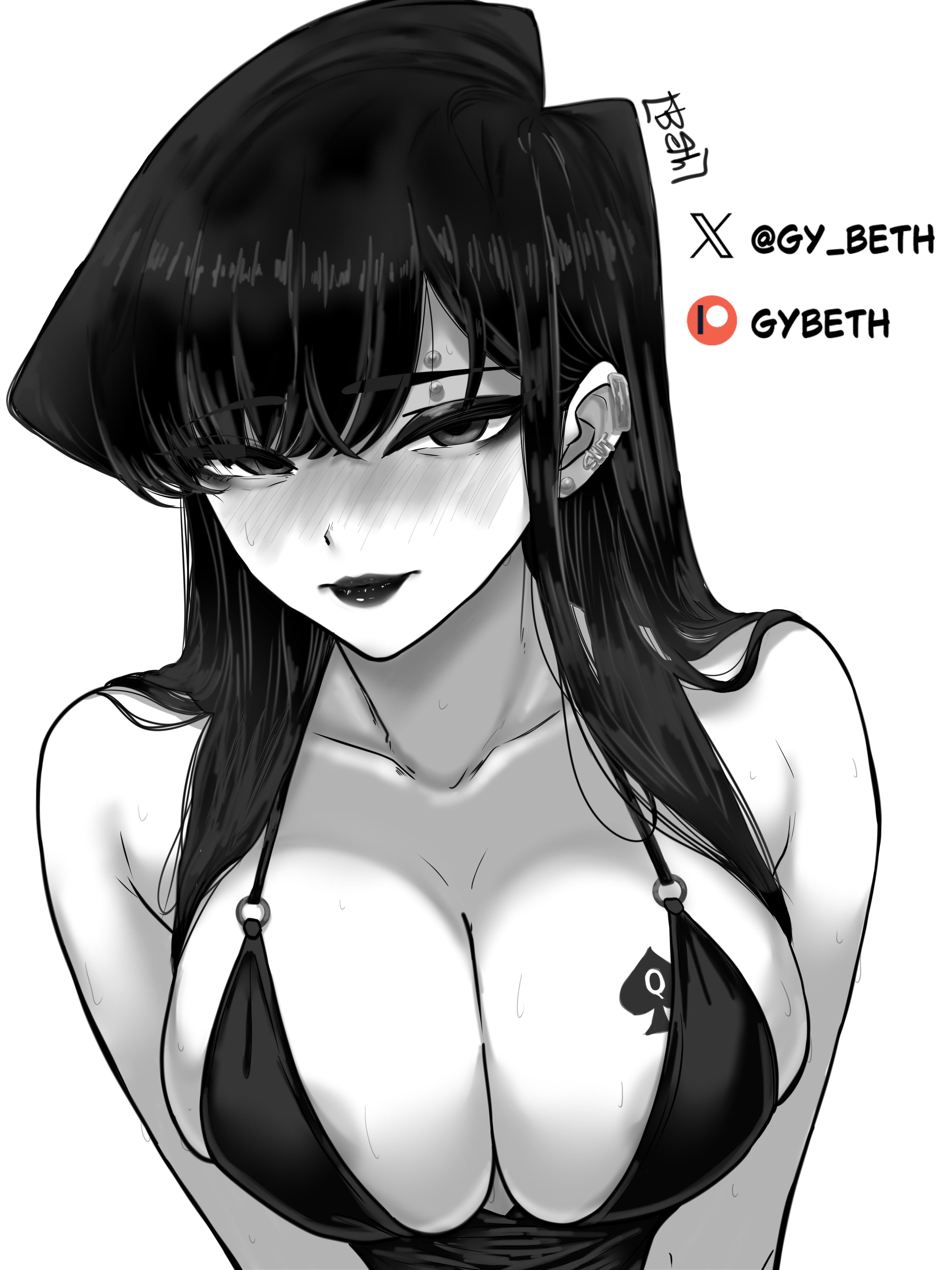 1girls, breasts, dress, female, gybeth, huge breasts, komi shouko, komi-san wa komyushou desu, monochrome, netorare, piercings, queen of spades