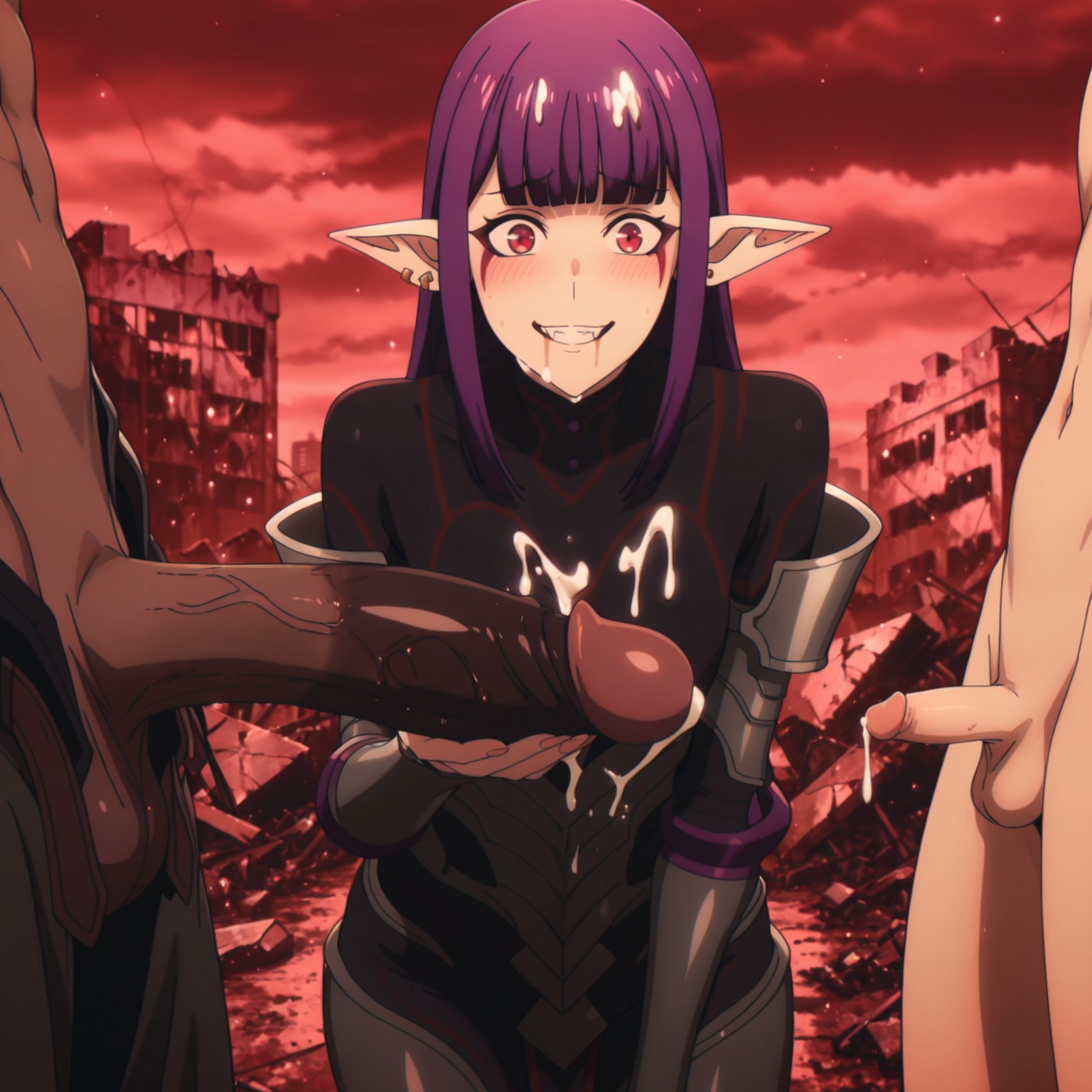 1girls, 2boys, ai generated, breasts, clothed female nude male, crumbled buildings, cuckold, cum, cum on breasts, cum on face, dark skin, dark-skinned male, demon, demon girl, embarrassed, esil radiru, fangs, female, interracial, large penis, light skin, light-skinned male, long penis, looking at viewer, male, netorare, ntr, nude, nude male, penis, penis size difference, pointy ears, precum, purple hair, red eyes, red sky, ruined city, self upload, small penis, small penis humiliation, smile, solo leveling, tagme, thick penis