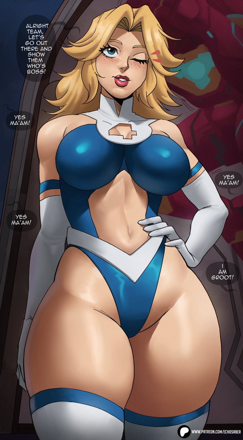 2d, big breasts, blonde hair, clothed, echosaber, exposed breasts, fantastic four, fully clothed, humping, humping air, invisible woman, invisible woman (marvel rivals), iron man, iron man (marvel rivals), marvel, marvel comics, marvel rivals, motivation, motivational speech, revealing clothes, sexy, solo, sue storm, sue storm 90s costume, talking to viewer