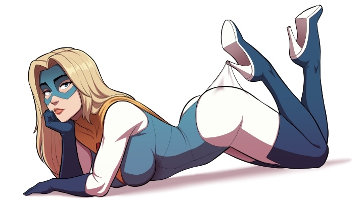 1girls, 2020s, 2025, 2d, 2d (artwork), 2d artwork, ass, ass up, big ass, blonde, blonde blazer, blonde female, blonde hair, blue clothing, blue leotard, blue mask, bodysuit, clothed, dispatch (game), fanart from twitter, female, fully clothed, gloves, heroine, high heels, lace pantyhose hooked on heel (meme), leotard, light skin, lips, looking at viewer, mandy (dispatch), mask, masked, no ai, pinup, pinup pose, pose, solo, solo female, solo focus, somka108, superheroine, thighs, twitter link, video games, white background, white bodysuit, white clothing