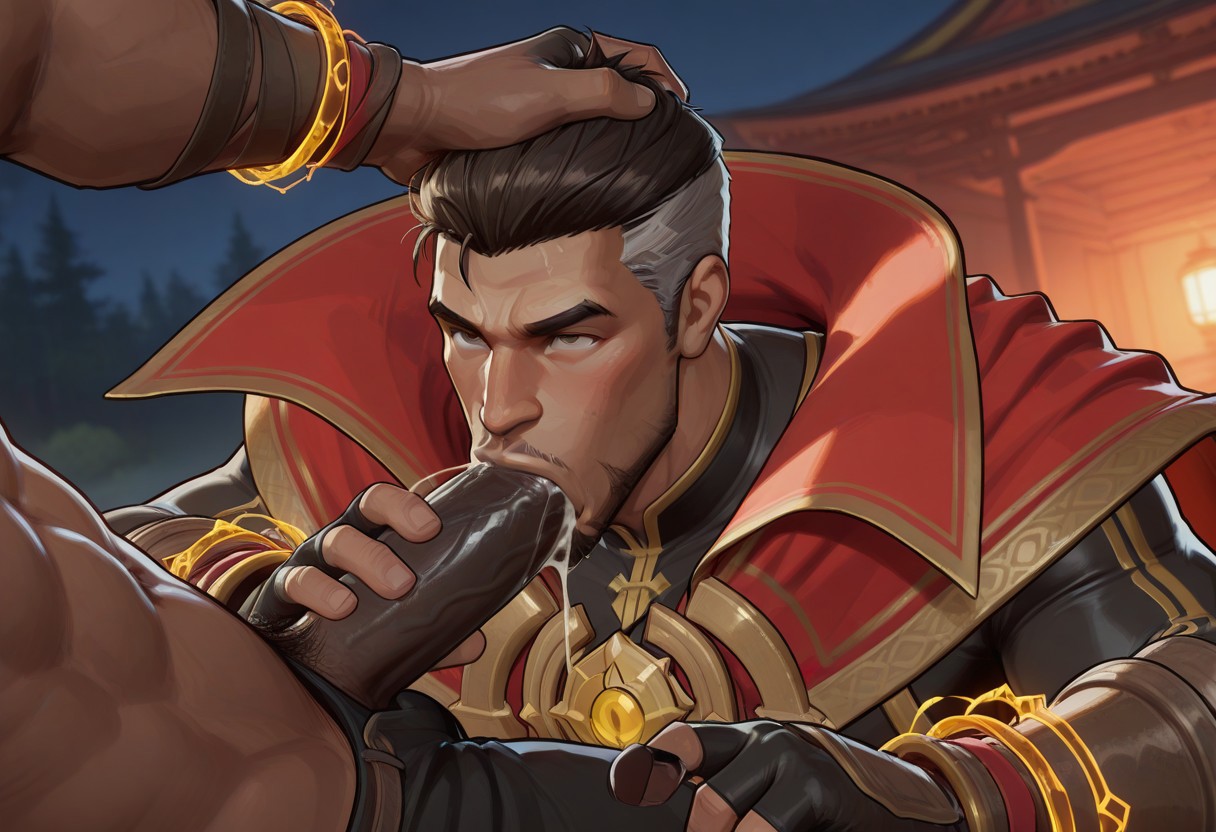 ai generated, bara, blacked male, blowjob, dilf, doctor strange, doctor strange (marvel rivals), doctor strange (series), gay, handwear, interracial, male, male only, marvel, marvel comics, marvel rivals, oral sex, outdoors, penis, stephen strange, sucking penis, superherosuckerrr, yaoi