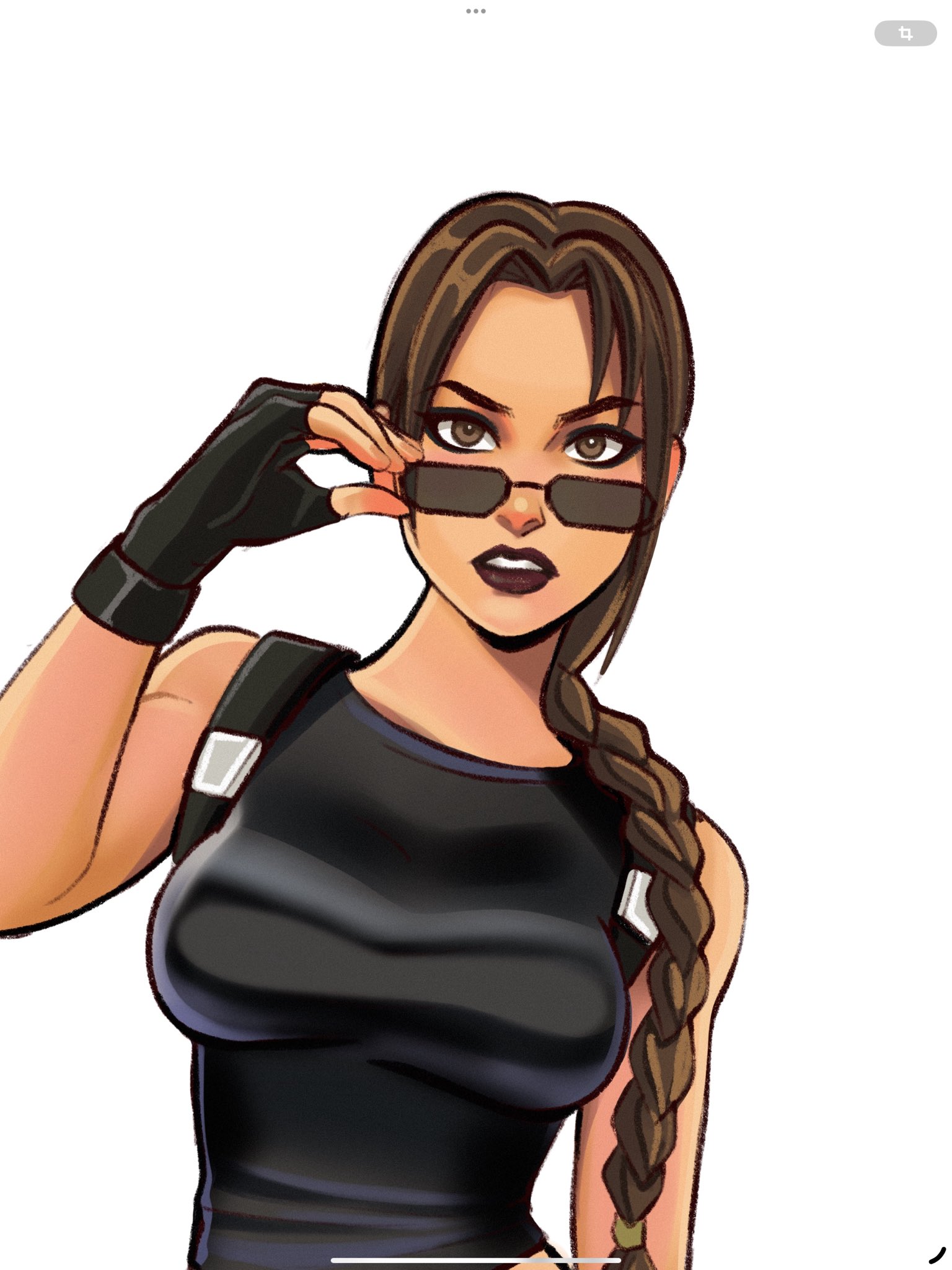 adjusting eyewear, breasts, female, lara croft, lara croft (classic), looking over eyewear, looking over sunglasses, sunglasses, tight clothing, tinted eyewear, tomb raider, tomb raider (classic)