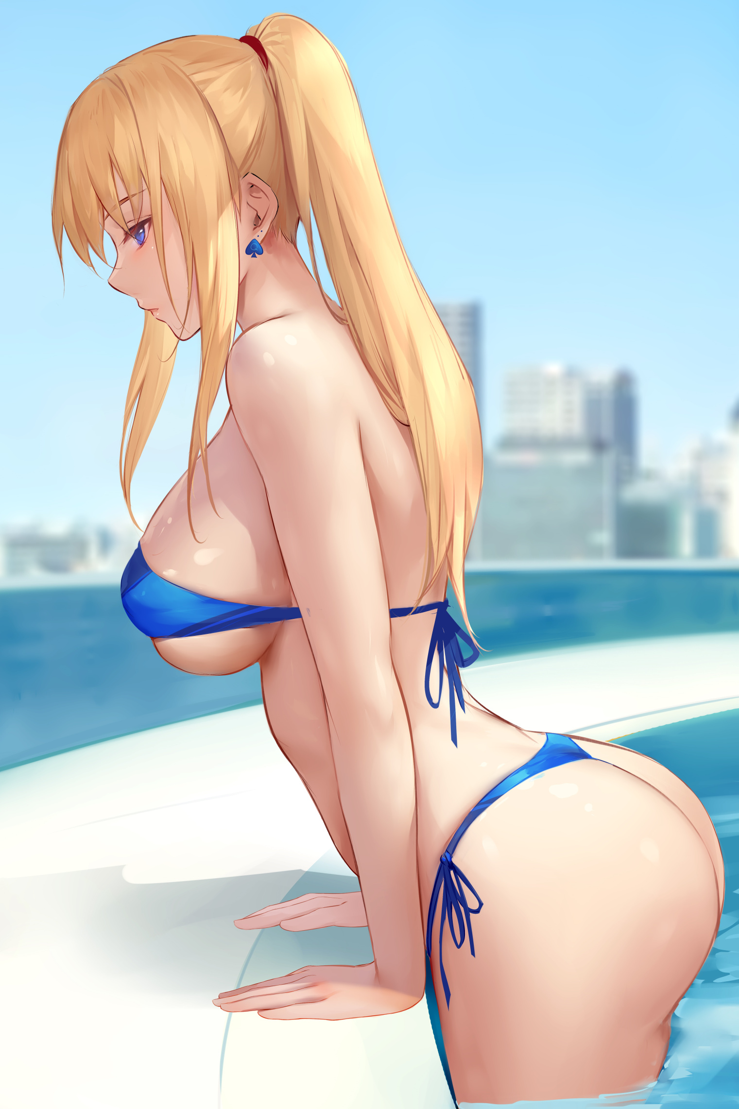 ass, bad edit, big breasts, bikini, blonde hair, blue eyes, breasts, chihunhentai (artist), earrings, edit, female, leaning forward, long hair, nintendo, outdoors, ponytail, pool, poolside, queen of spades, samus aran, sky, solo, subtle, swimsuit, water