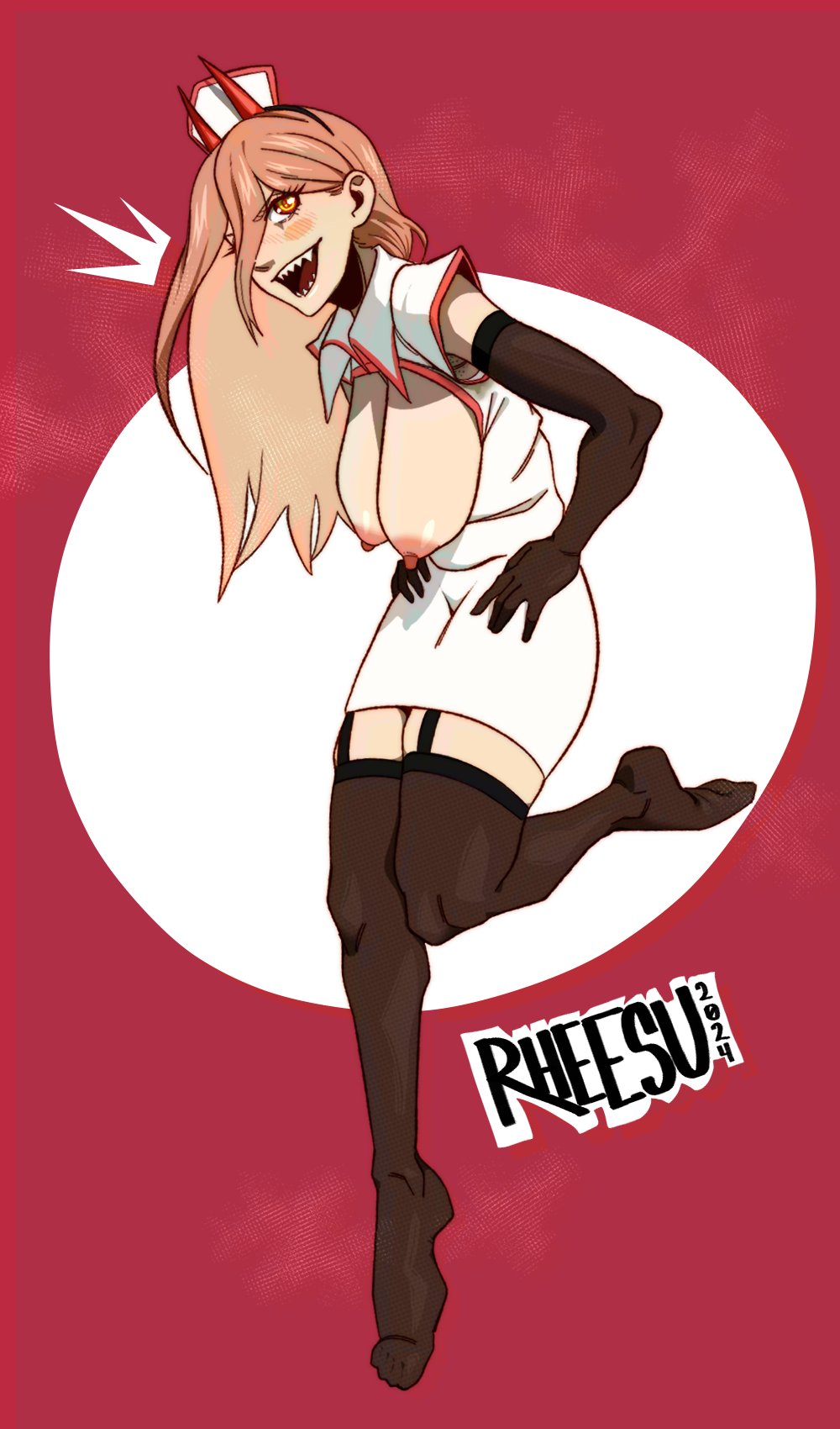 1girls, armpit peek, armpit stubble, armpits, breasts, breasts out, chainsaw man, female, female only, garter straps, hanging breasts, horns, large breasts, nipples, nurse, nurse cap, nurse uniform, power (chainsaw man), rheesu, sagging breasts, solo, sweat stain, torpedo breasts