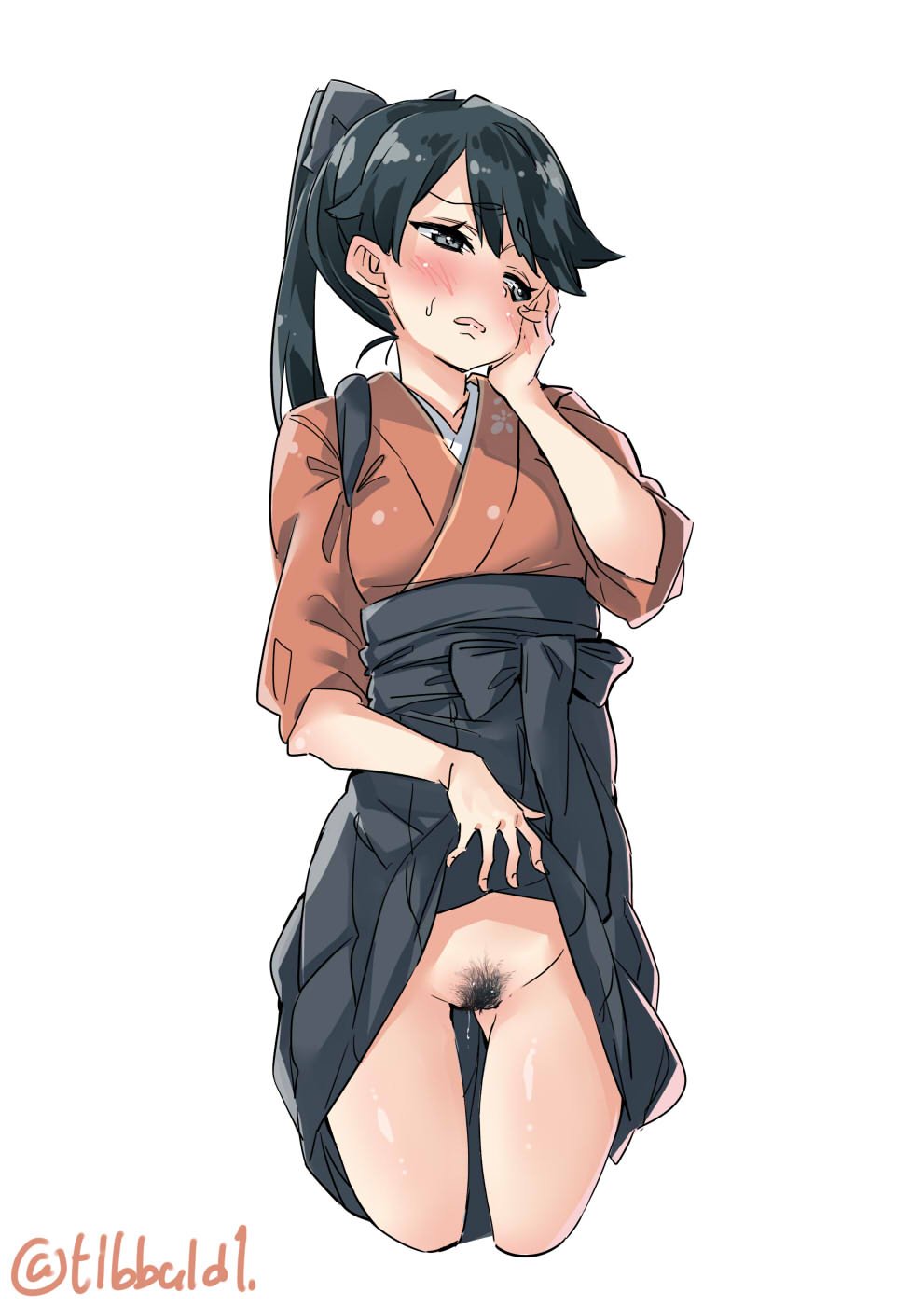 bangs black_bow black_eyes black_hair blush bow cowboy_shot cropped_legs ebifurya eyebrows_visible_through_hair female hairbow hakama hakama_lift hand_on_own_cheek hand_up highres houshou_(kantai_collection) japanese_clothes kantai_collection lifted_by_self long_hair looking_to_the_side no_panties open_mouth ponytail pubic_hair pussy_juice simple_background solo sweat tasuki twitter_username white_background